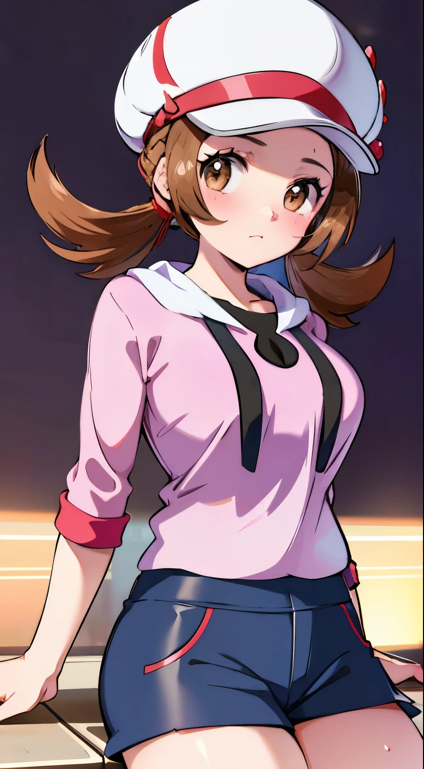 Brown hair，Brown eyes，，Long hair，Twin ponytails，Beautiful woman，Purple top，Red shorts，Peaked Cap，Large Breasts，Piano Sound《Pokémon》Factory Background，blush