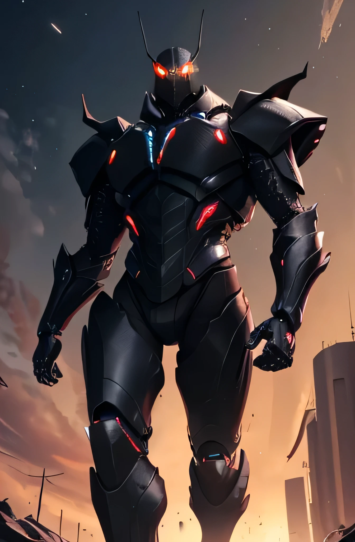 A gigantic insect-like monster, towering 6 meters tall and spanning 2 meters in width, with a body length of 6 meters from head to tail. The entire body is covered in shiny, black exoskeleton plates resembling alien armor, with segments and jointed lines that give it a sleek but intimidating look. The exoskeleton has glowing red or purple veins running along the seams, suggesting a dark energy or toxic substance inside.