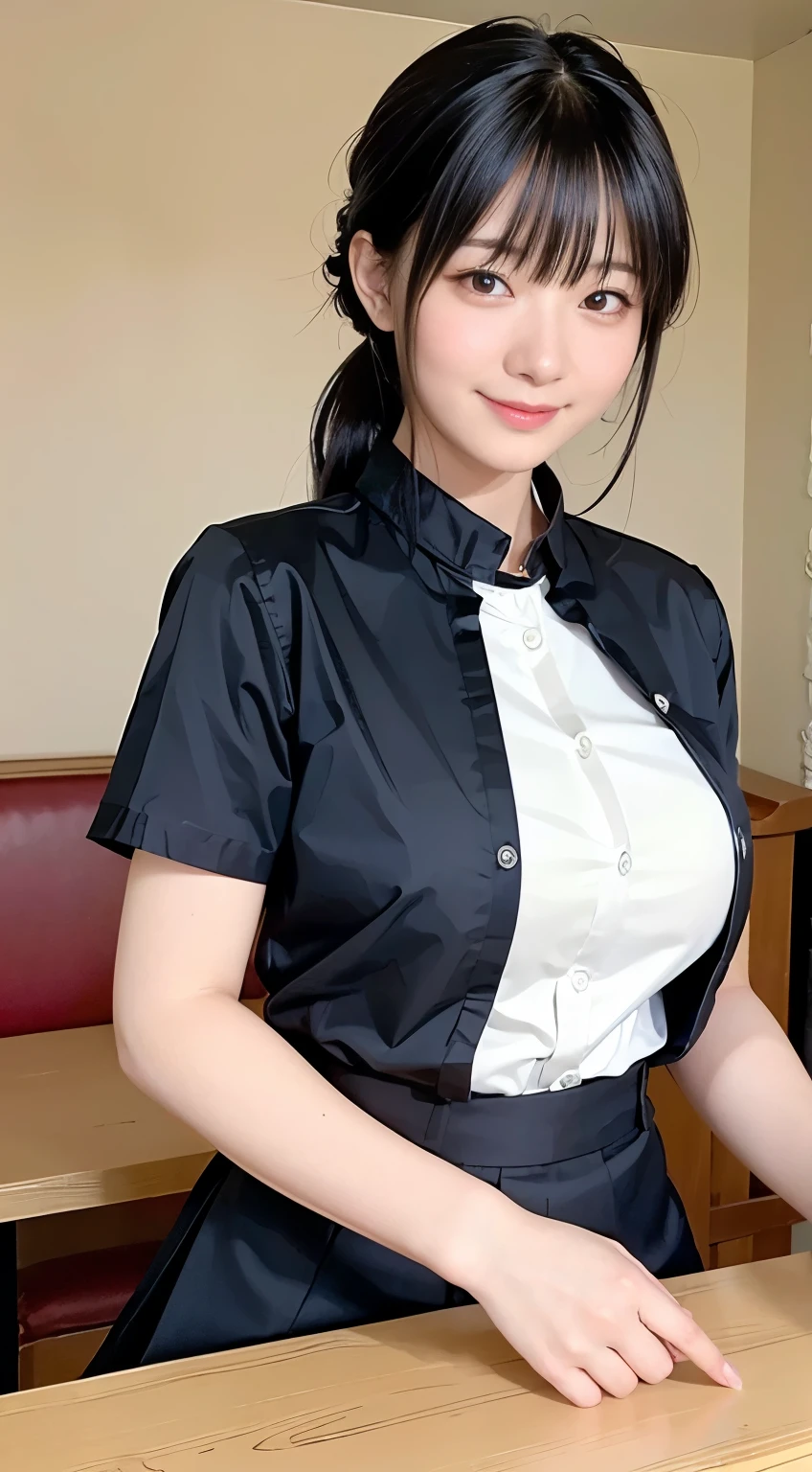 masterpiece, best quality, illustration, Super detailed, fine details, High resolution, 8K,wall paper, perfect dynamic composition,(Details High quality, realistic depiction of eyes:1.3), from side, standing,waitress uniform, restaurant, large breasts, (very heavy chest), short bob hair、black hair color, Big Natural Color Lip, (perfect body shape), crying a little、cold gaze, Harajuku style、20 year old girl、cute type、lolita、beautiful legs, focus on crotch, full body photo, gravure idol