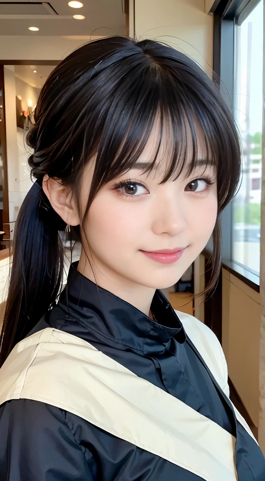(Highest quality,masterpiece:1.3,Ultra-high resolution,),(Very detailedな,Caustics),(Photorealistic:1.4,RAW shooting,)Ultra-Realistic Capture,Very detailed,High resolution 16K human skin closeup。 Natural skin texture、,Pores、、、、It must be detailed enough to be easily identifiable。 Skin tone is even and healthy looking。 Use natural light and colour,restaurant,Waitress Uniform,1 girl,Japanese,1,cute,Black-haired,ponytail,Big Breasts,smile,Turn your body forward,(Front view:1.1),Looking at the camera,Cowboy Shot,