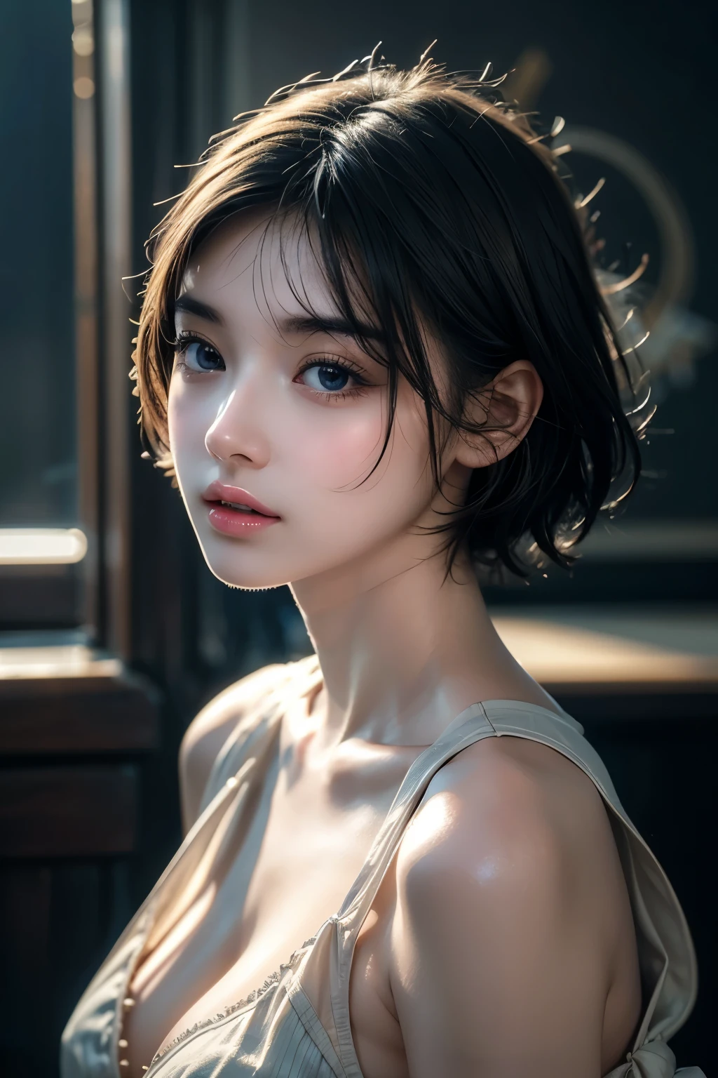 masterpiece, Best Quality, Super detailed, Illustration, Beautiful details, Depth of written boundary, Dynamic Angle, 8K wallpaper, Portraiture, Best light and shadow quality, 4K, 8k, CG, The finer details, Blurred Background, Upper Body, Contemporary, Beautiful Eyes, Beautiful splashes、Seductive lips、The magical girl that everyone loves、Super erotic short hair、Clear skin
