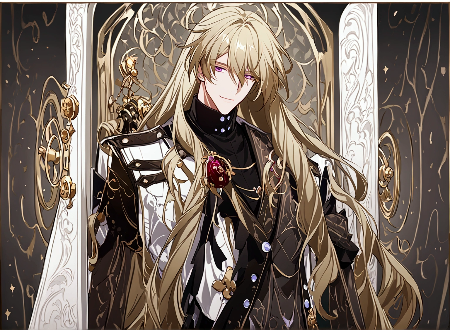 Background with golden medieval gears meshing together, long haired blond male, Gorgeous animation style, Purple eyes, A white cloak split into two, Soft impression, A gentle smile, long haired blond man, Stand still and look to the side, A costume made up of a combination of gold and black, Self-portrait showing only the upper body