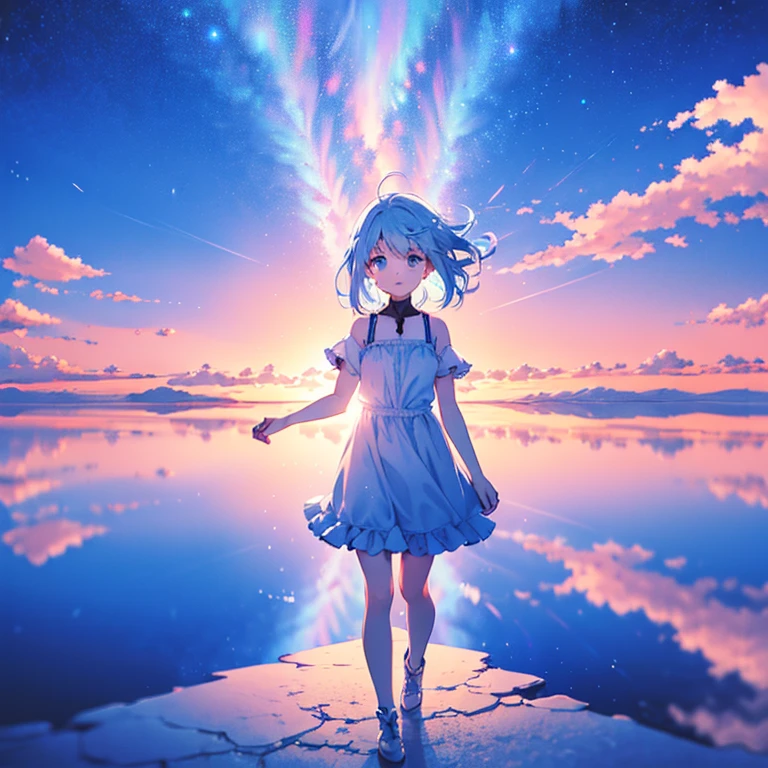 Absurd, High resolution, (Official Art, beautifully、Midea:1.2), (Short-sighted:1.15), (One Girl, Blue Hair, Medium Hair, blue eyes, Bright Eyes, long white dress, Blue frills,:1.2) blue sky, Shining Galaxy, (Uyuni Salt Flats:1.2), (Fractal Art:0.8), Water effect, Ripple Effect, (Flower effect: 0.65), Light effects,