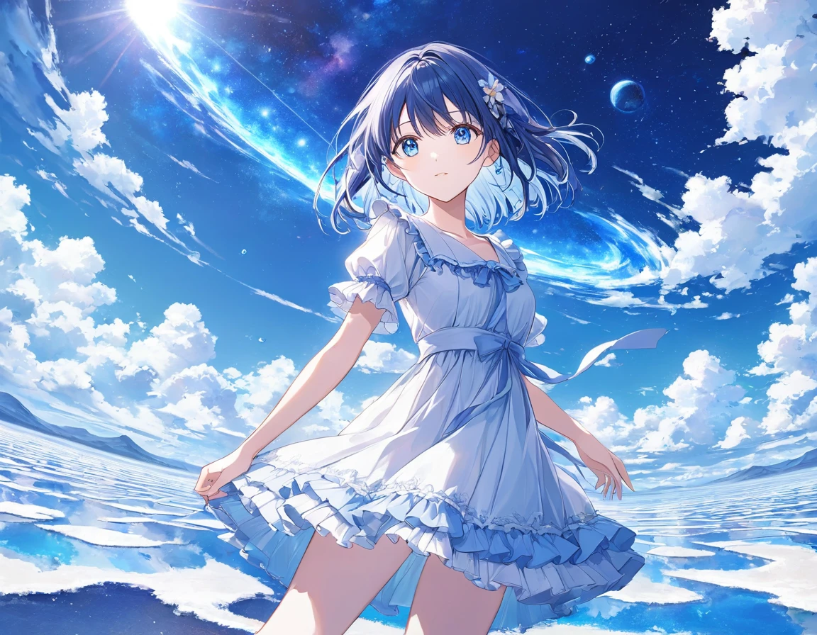 Absurd, High resolution, (Official Art, beautifully、Midea:1.2), (Short-sighted:1.15), (One Girl, Blue Hair, Medium Hair, blue eyes, Bright Eyes, long white dress, Blue frills,:1.2) blue sky, Shining Galaxy, (Uyuni Salt Flats:1.2), (Fractal Art:0.8), Water effect, Ripple Effect, (Flower effect: 0.65), Light effects,