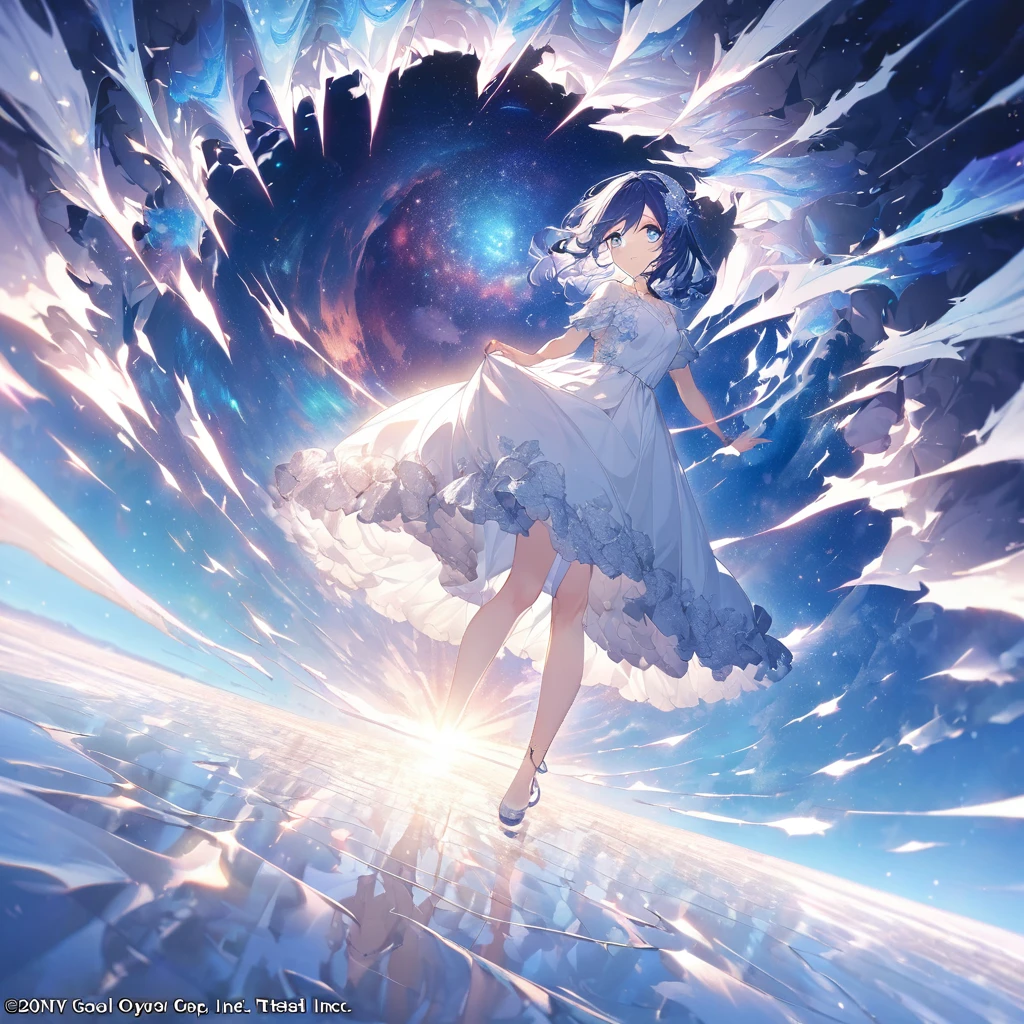 Absurd, High resolution, (Official Art, beautifully、Midea:1.2), (Short-sighted:1.15), (One Girl, Blue Hair, Medium Hair, blue eyes, Bright Eyes, long white dress, Blue frills,:1.2) blue sky, Shining Galaxy, (Uyuni Salt Flats:1.2), (Fractal Art:0.8), Water effect, Ripple Effect, (Flower effect: 0.65), Light effects,