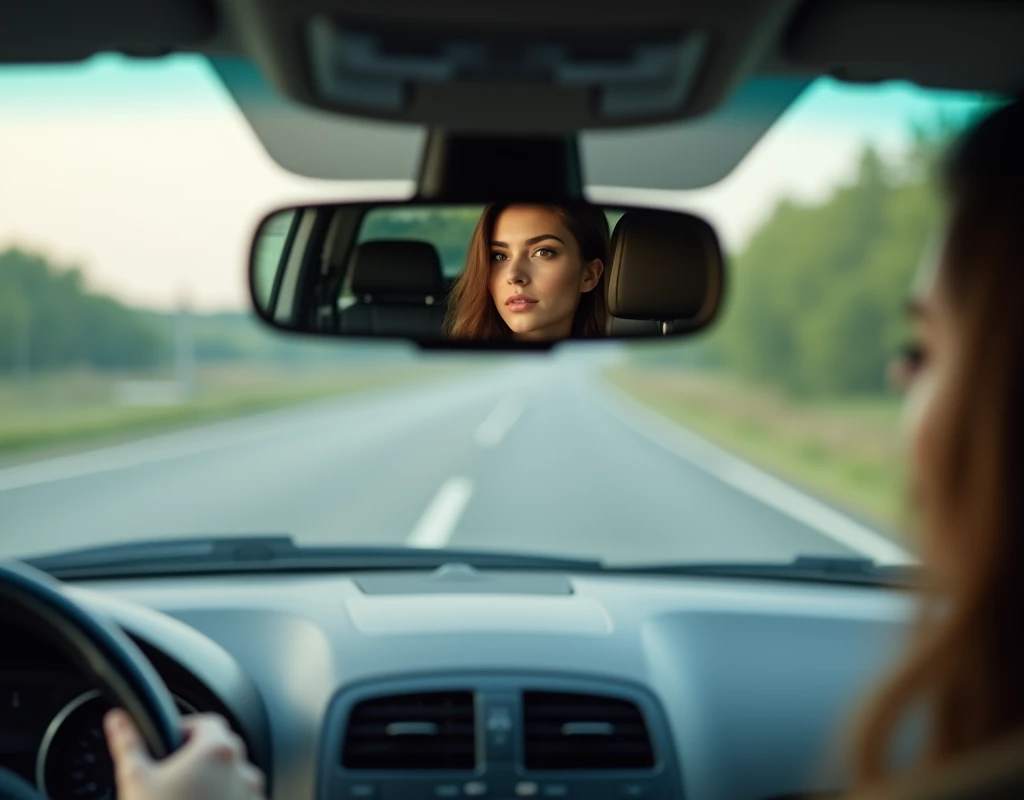 One rearview mirror, There is a rear-view mirror above the windshield. Woman reflected in rearview mirror while driving a car, woman reflected at the rear view mirror, Facing forward, looking into a mirror, view of windshield from back seat, Our eyes meet with camera, beautiful face, driving, amazing view the windshield, medium wide shot, clear view, HDR photo