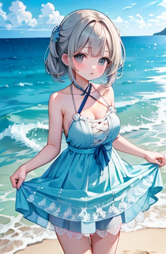 masterpiece、background((Sea side、Sandy Beach))、Beautiful girl、Very intricate embroidery on the dress、Skirt、Large Breasts