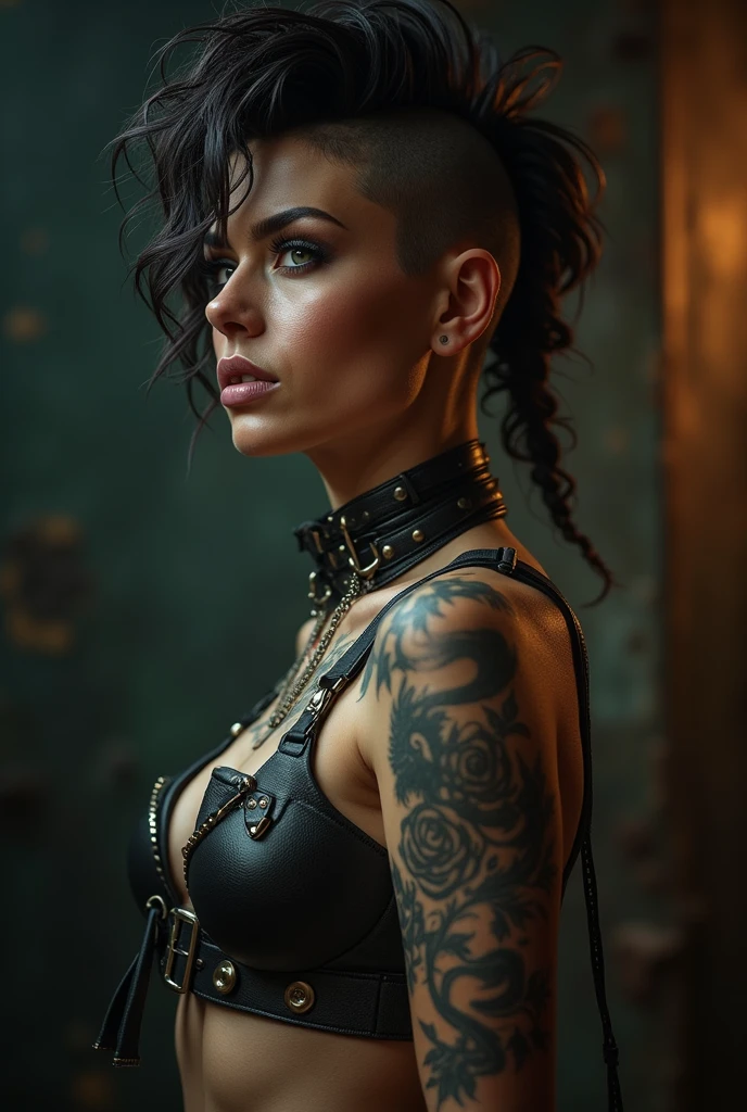 Beautiful, Firm, front view, intricate details, short mohawk blond , glamour , 35 years old, front view, low pov, dark makeup, open pose, steampunk, dog tag
