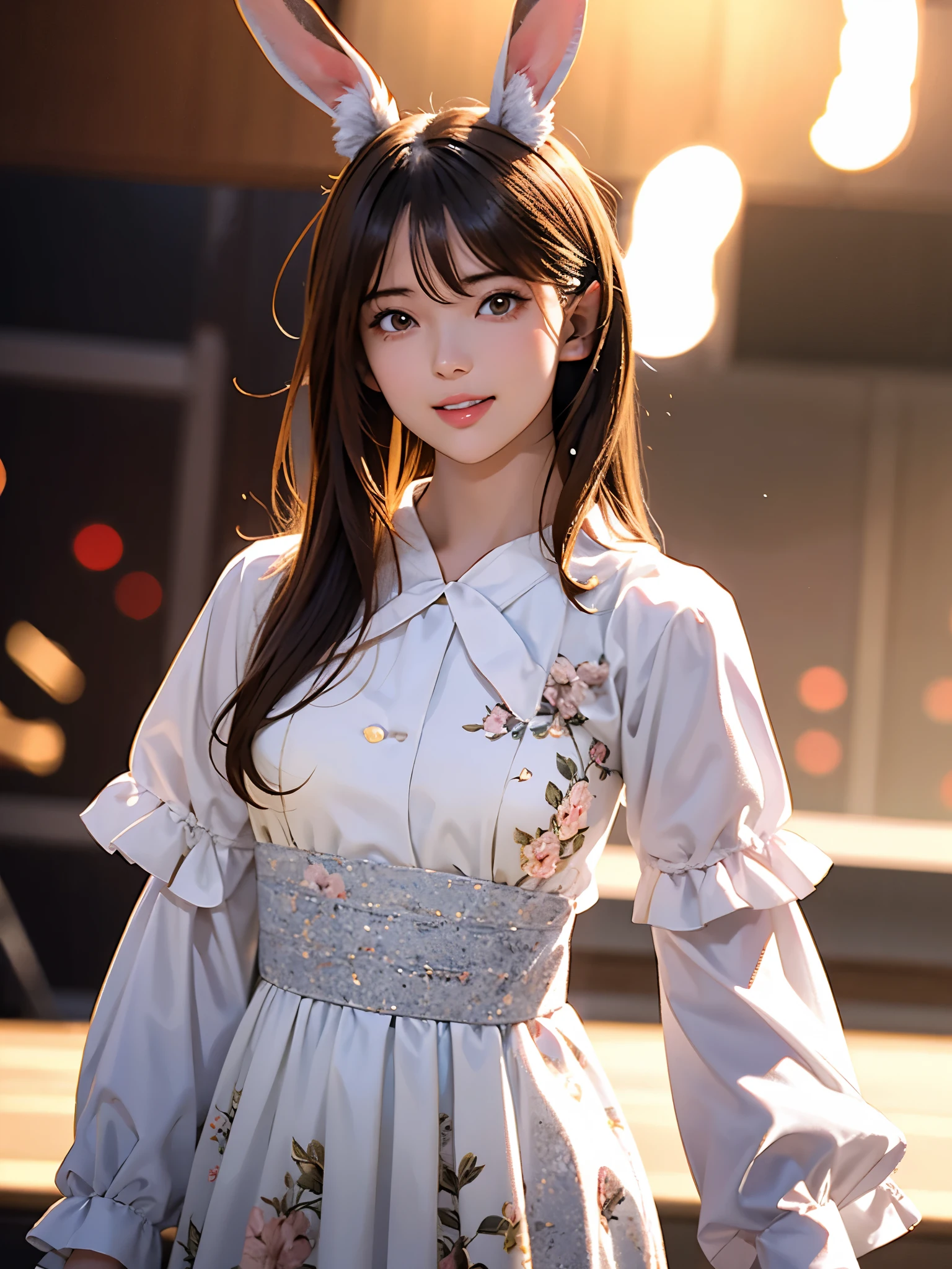 High resolution, 8k, Best Quality, detailed, Semi-realistic anime, 3D anime style, Smooth anime CG, One Girl, 20 year old Japanese woman, slim, Modeling, Shiny brown hair, detailedな顔, Beautiful and detailed, Glowing Skin, Hard Focus、Film Grain, Soft Lighting, Watch the audience, Laughter,Floral long sleeve frill dress、(Put on lop-eared rabbit ears)、concert、On stage