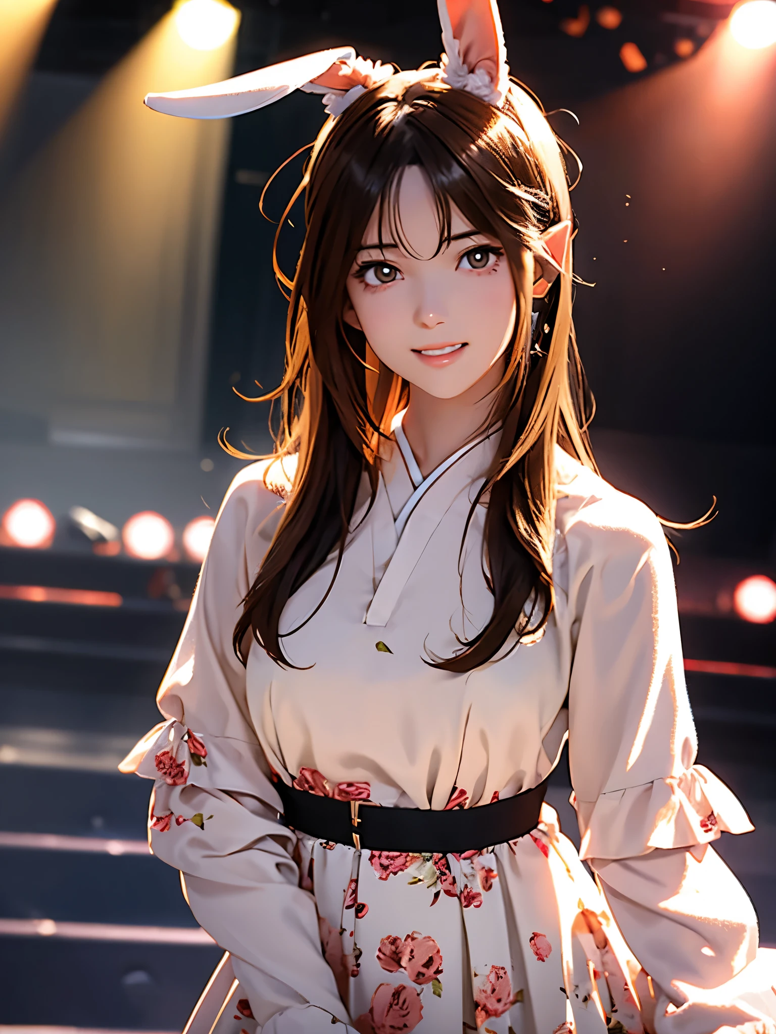 High resolution, 8k, Best Quality, detailed, Semi-realistic anime, 3D anime style, Smooth anime CG, One Girl, 20 year old Japanese woman, slim, Modeling, Shiny brown hair, detailedな顔, Beautiful and detailed, Glowing Skin, Hard Focus、Film Grain, Soft Lighting, Watch the audience, Laughter,Floral long sleeve frill dress、(Put on lop-eared rabbit ears)、concert、On stage