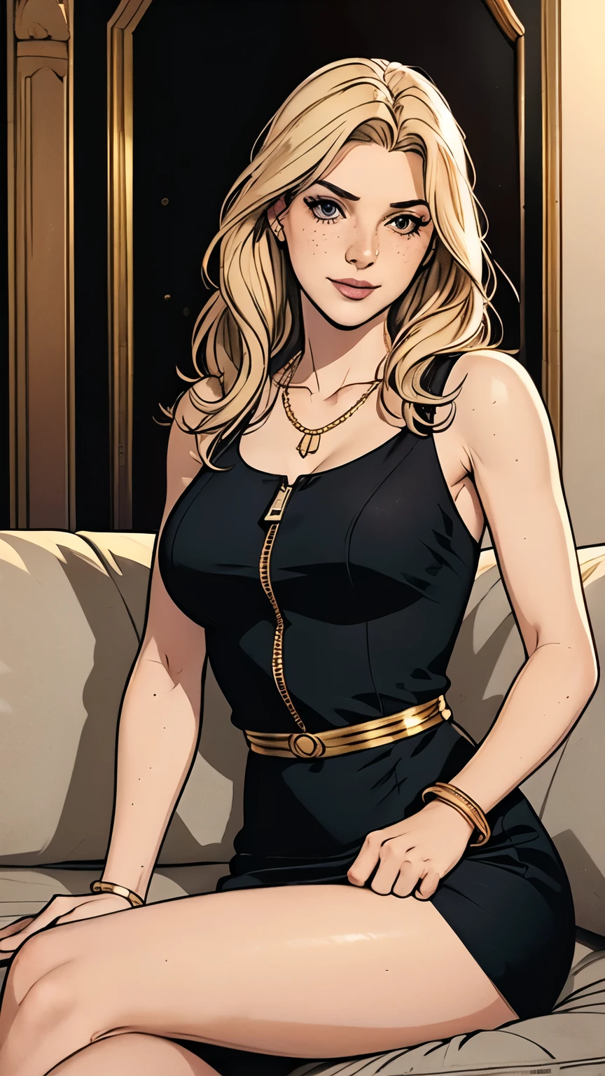 Woman, Americana, Age 30, pale skin and freckles, gray eyes, delicate nose, soft and delicate lips, far away, blondie far away and wavy waist length hair, sweet smile, face with delicate feminine facial features, highly rendered, short black dress com manga longa, with zipper details on the shoulders to the wrist, gold necklaces and bracelets, extremely beautiful woman, masterpiece, dynamic pose, modelshoot, sitting on a sofa, legs crossed, relaxed pose, passionate and sweet look, seductive look