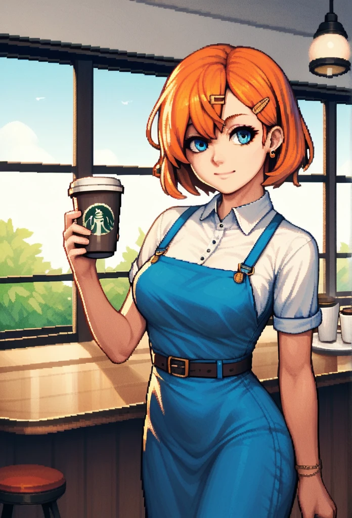 score_9, score_8_up, score_7_up, score_6_up, score_5_up, score_4_up, (SFW), pixel art, cowboy shot, selfie, 1girl, smiley, orange hair, hair clips, short hair, blue long dress, standing at cafe, holding a coffee cup, ((white wall)), simple background