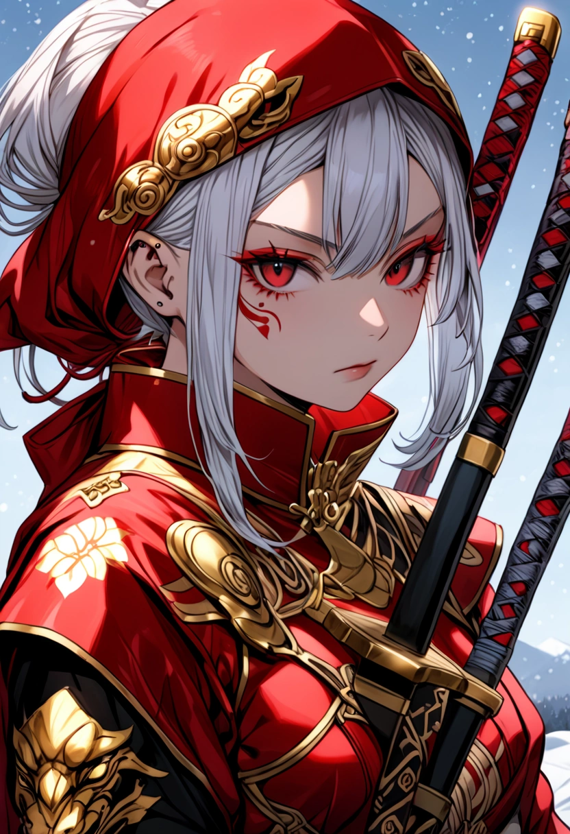 (masterpiece, best quality, beauty, best ratio, best shadows,best Illustration, wallpaper size,1080×2400 pixels,detailed face,1girl, warrior theme, ultra detailed costume) 

Uhd,legendary hero  female archer tomoe gozen samurai archer (big clear eye, golden ratio face , young girl crush vibe,face close up, full posture visible) female fierce heroin in red japan rcher armor attire with red hood),with japan style tatto in leg.

all use high detailed japan astrology on attire, all in attacking pose while 2 hand holding majestic minamoto clan steel arrow and quiver on her back.

Background is japan open paddie field in japanese style on snowing hill.

Cinematic lighting,full length lens,advertising photo.cinema lens,high res,side light