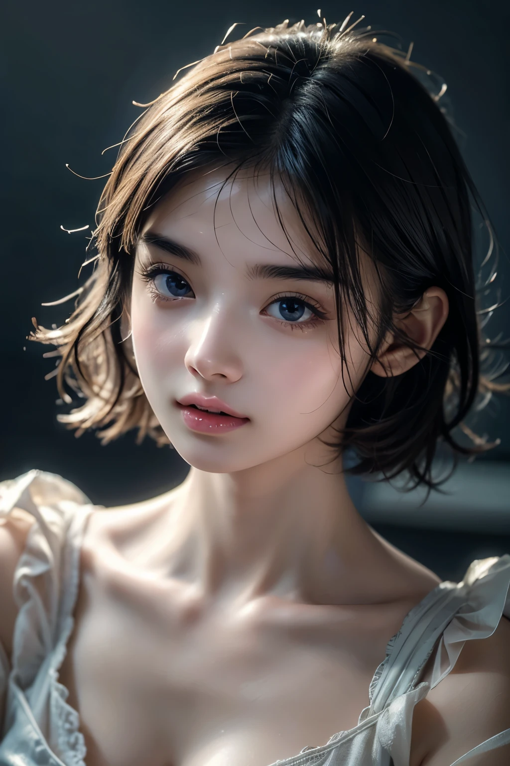 masterpiece, Best Quality, Super detailed, Illustration, Beautiful details, Depth of written boundary, Dynamic Angle, 8K wallpaper, Portraiture, Best light and shadow quality, 4K, 8k, CG, The finer details, Blurred Background, Upper Body, Contemporary, Beautiful Eyes, Beautiful splashes、Seductive lips、The magical girl that everyone loves、Super erotic short hair、Clear skin