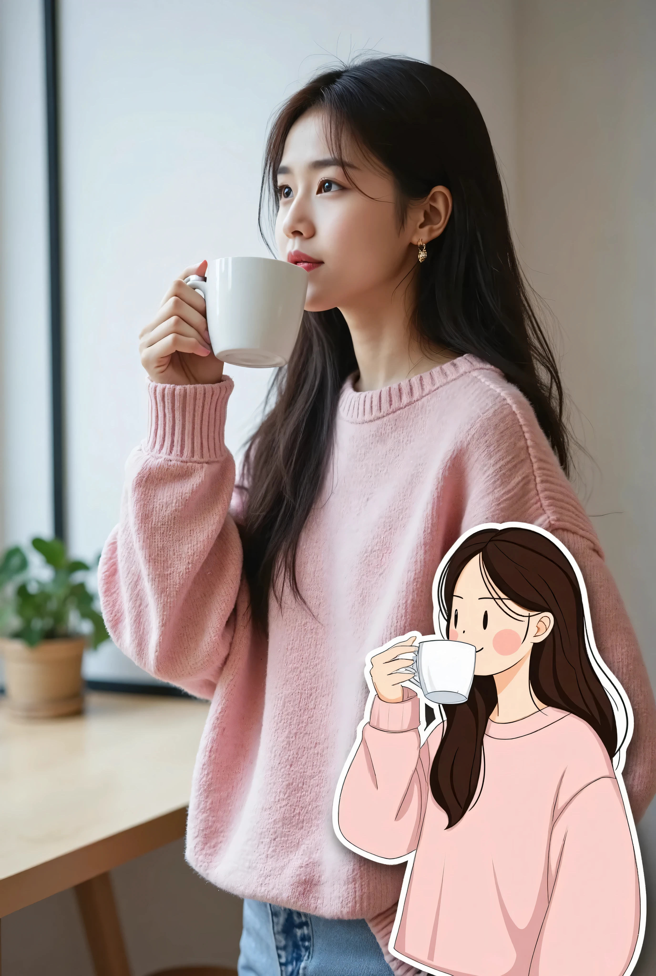 [vector&portrait of a korean woman，she is alone，Wearing an oversized sweater in pastel tones, Standing in a minimalist coffee shop, sip tea，with pensive eyes, with images, there is a [vector illustration of the same woman.