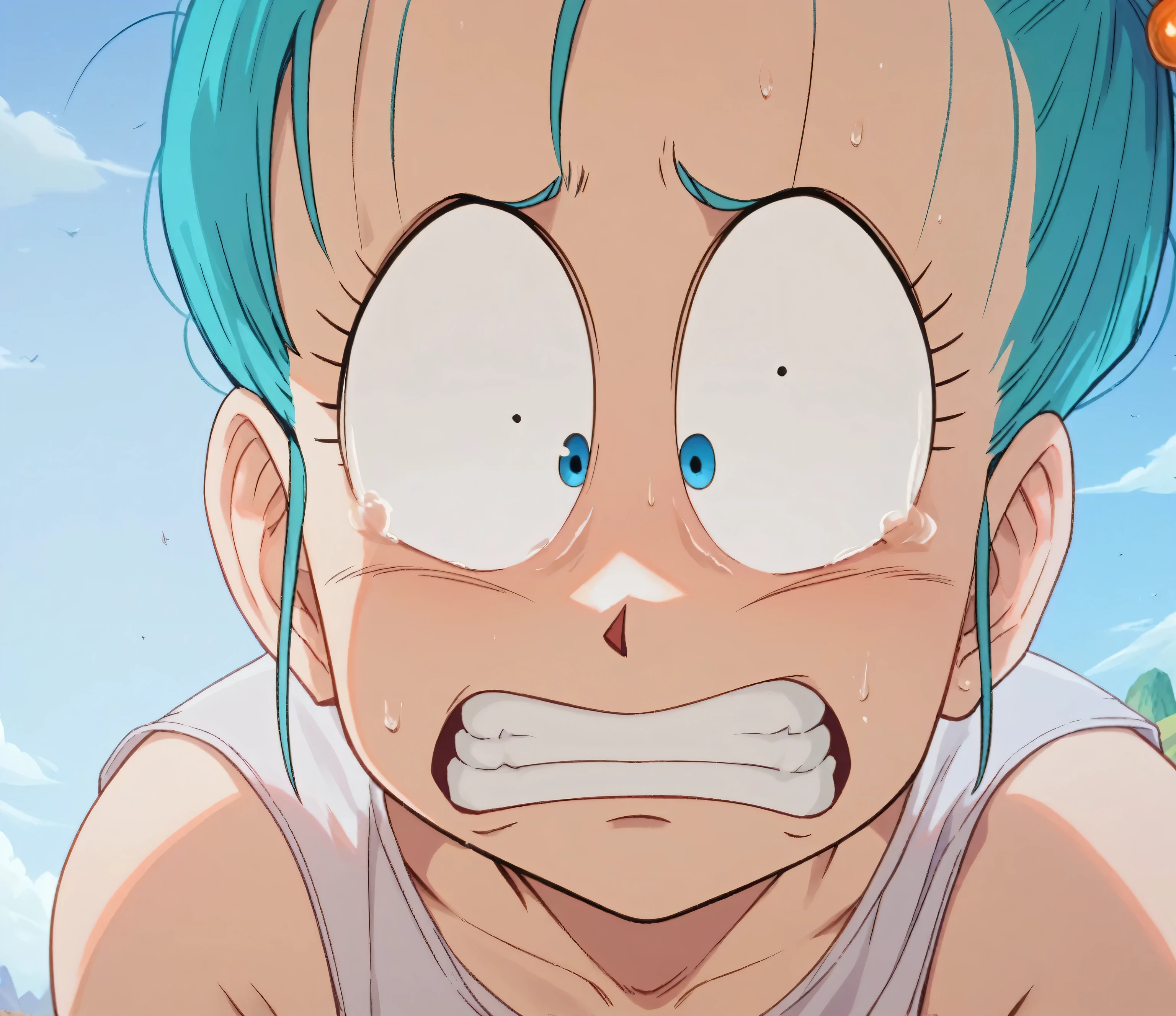 Bulma, dragon ball Z, long blue hair, expressive eyes, scared expression, goregous, perfect face, highly detailed, island background,  