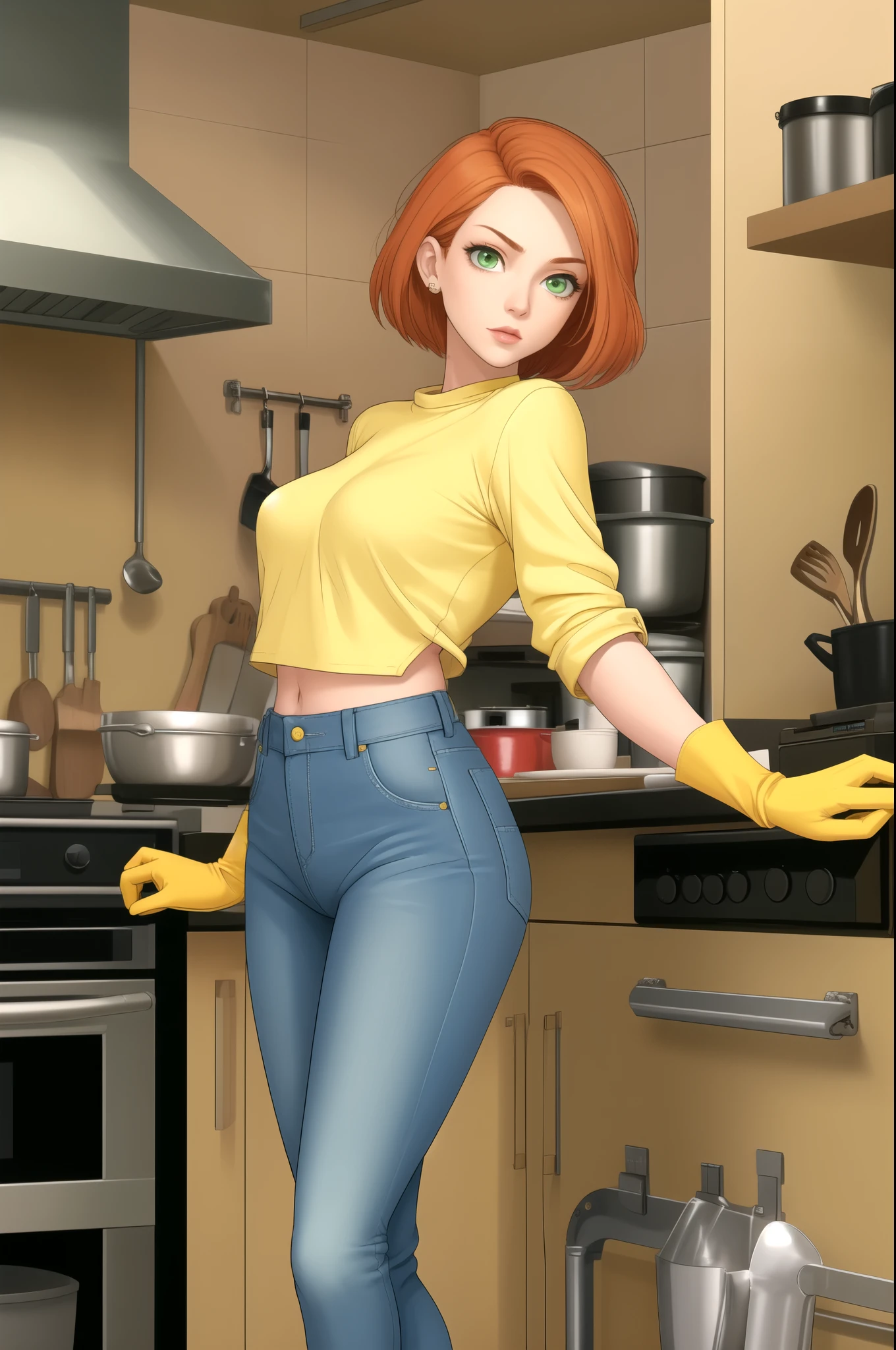 Dexter's mom. short hairstyle. ginger. green eyes. small saggy breasts. huge hips. yellow gloves. shirt. jeans. heels. kitchen
