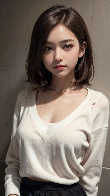 Professional photo-realistic images。A cute Japanese woman with short fluffy hair wearing a wide-necked sweatshirt without a bra。She is leaning forward and looking up at me.。Her nipples are visible through the gap in her collar。(flat chest:1.6), Front view from above。She is blushing and looking at me with an embarrassed face.。