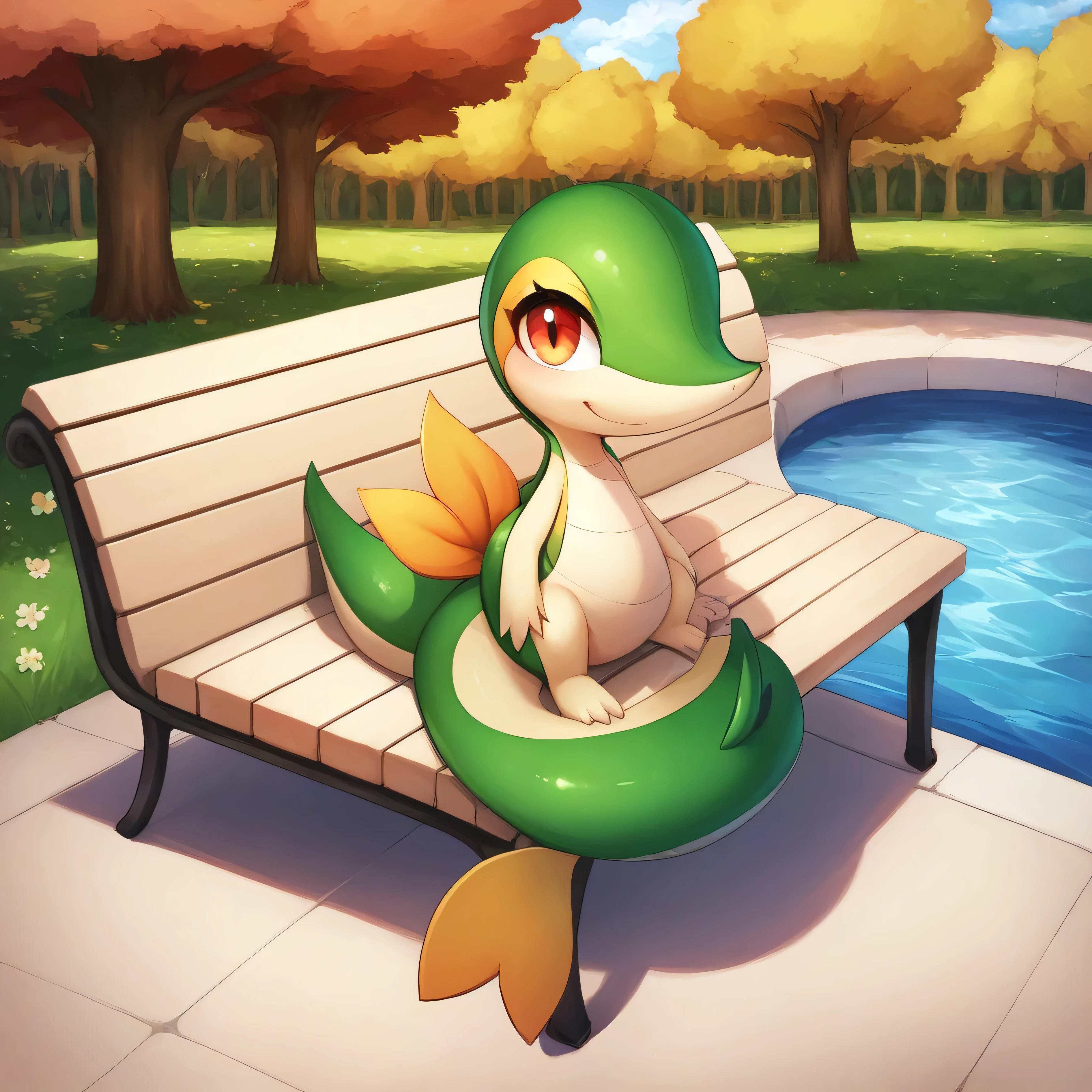 masterpiece:1.2, best quality, (highly detailed), score_9, score_8_up, score_7_up, full body shot, feral, pov, looking at viewer, 1girl, ((snivy)), pokemon, at park, lake in background, sitting on bench,