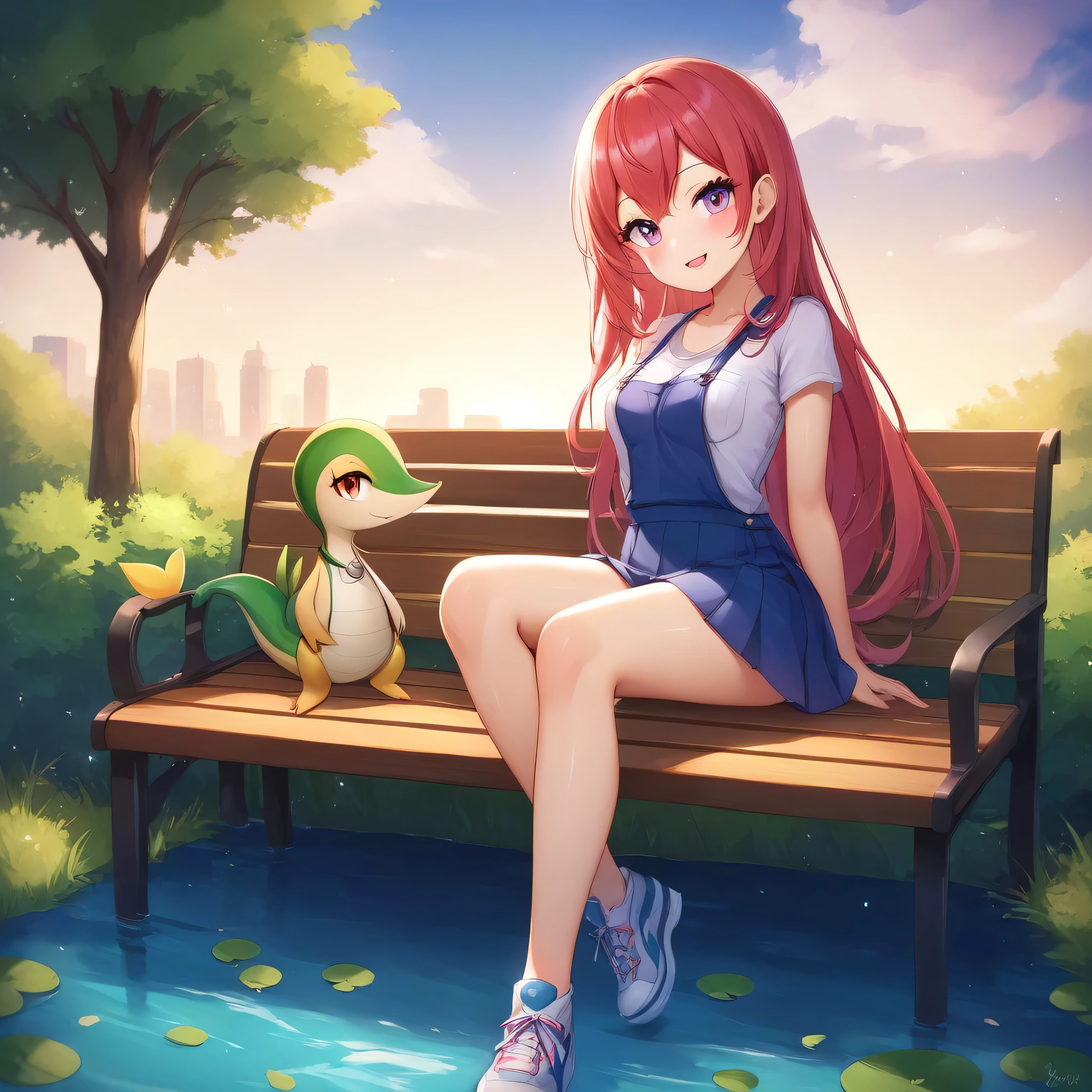 masterpiece:1.2, best quality, (highly detailed), score_9, score_8_up, score_7_up, full body shot, feral, pov, looking at viewer, 1girl, ((snivy)), pokemon, at park, lake in background, sitting on bench,