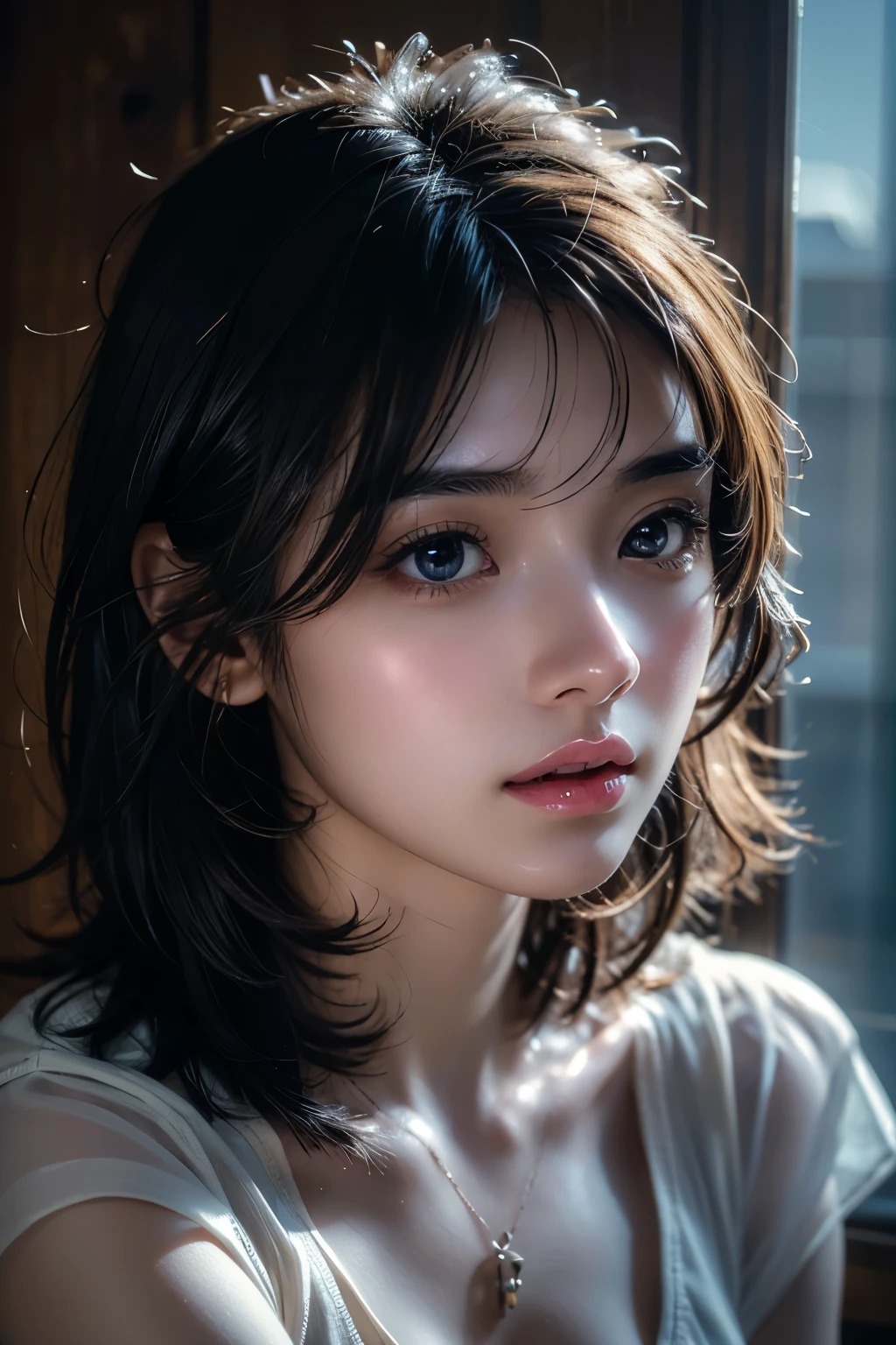 masterpiece, Best Quality, Super detailed, Illustration, Beautiful details, Depth of written boundary, Dynamic Angle, 8K wallpaper, Portraiture, Best light and shadow quality, 4K, 8k, CG, The finer details, Blurred Background, Upper Body, Contemporary, Beautiful Eyes, Beautiful splashes、Seductive lips、The magical girl that everyone loves、Super erotic short hair、Clear skin、Slightly flushed cheeks、Wet Eyes
