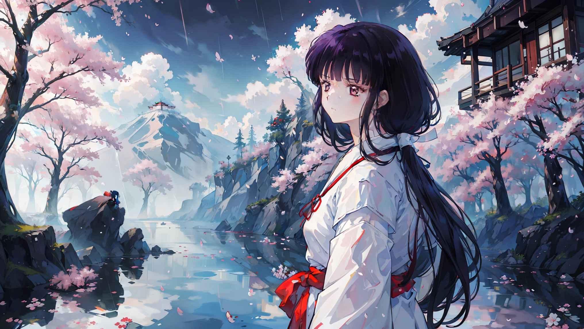 (masterpiece), Best Quality, Expressed, Perfect face, 1 girl, (Alone), Bellflower, skinny, Side Lock, dull_hair, Red shrine maiden outfit, elegant,day本の伝統衣装,imagine,Alone, Temple, Standing in water, Best Quality，masterpiece，Extreme，Eyes focus on beautiful eyes, Anime characters,woman,Alone，cloud, Mountain, rain, (cherry blossoms:1.3), day, High resolution, Watch the audience, (32K Wallpaper)