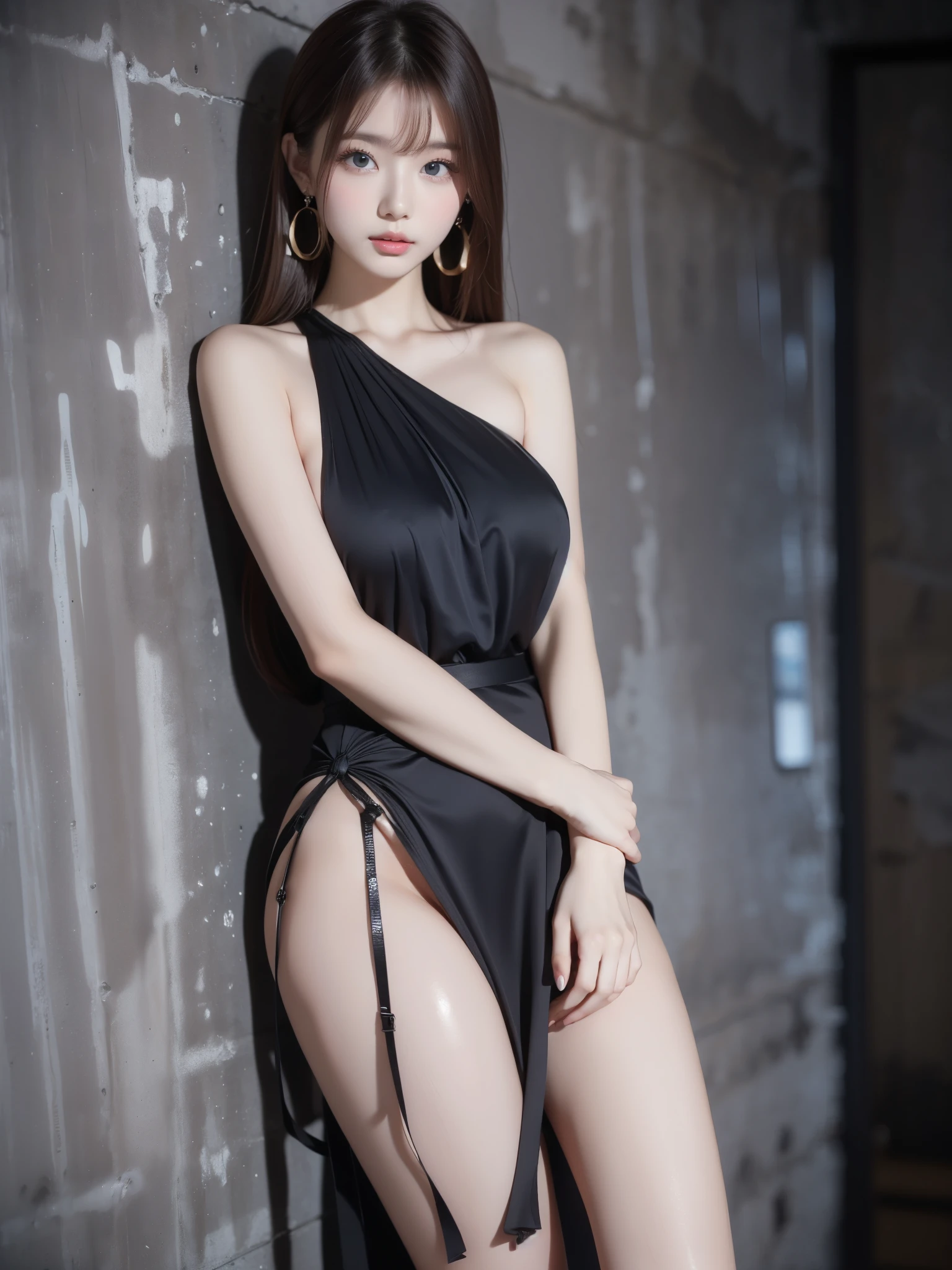 Young and attractive sexy Korean woman, 1, e babarge Breasts, Blonde, Long Hair, Nude Strip Earrings (whole body)(Sexy black dress ) (Concrete wall background) 8k, RAW Photos, Best Qualitymasterpiece, Best Quality