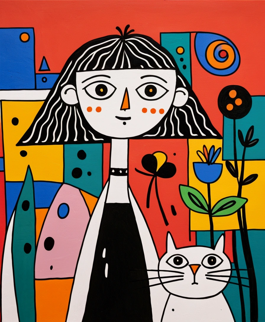 in the style of Thierry Noir（artist）， a painting with a funny looking cat with a hat holding a red bird , in the style of de stijl, playful cartoons, monumental figures, vivid birdlife, maquette, fine lines, childlike innocence
