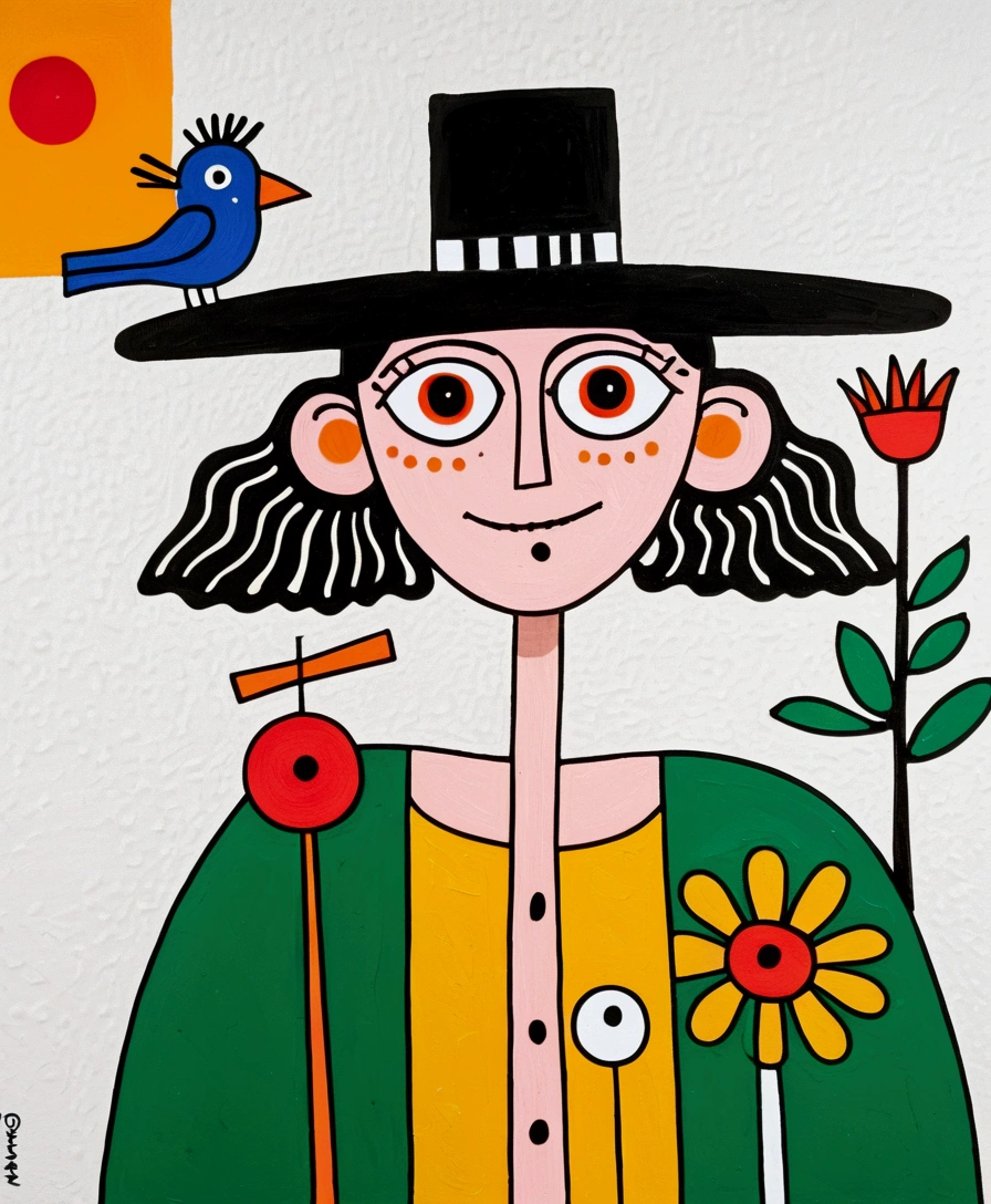 in the style of Thierry Noir（artist）， a painting with a funny looking cat with a hat holding a red bird , in the style of de stijl, playful cartoons, monumental figures, vivid birdlife, maquette, fine lines, childlike innocence
