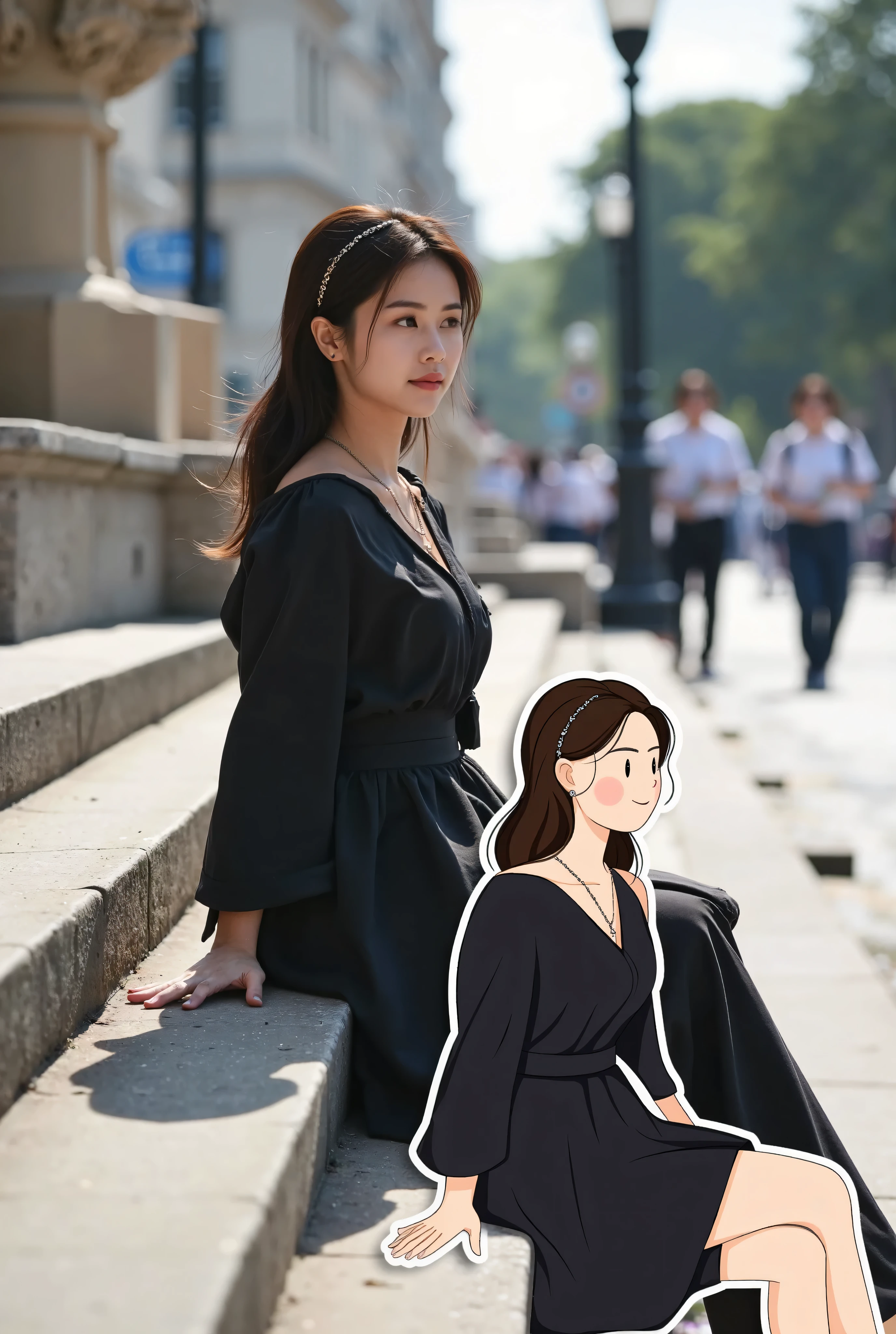 [vector&Portrait of a woman wearing casual black dress, Sitting on the steps of the city square, looks very relaxed. with images, 有一張相同女性的vector插圖.