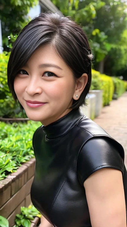 最high quality, 8k, Vibrant, Sharp focus, high quality, High resolution, Middle-aged women, Mature Woman, 5, (Whole Body Ezbian), (High heels face detail, Highly detailed eyes, Plump figure、Plump face、((big 1.6))、(((Large Breasts)))、((Black leather clothing))、garden、Random Hairstyles、A kind smile、