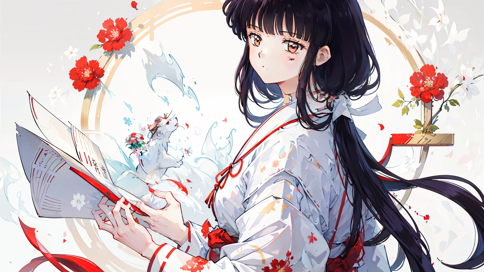 Design illustration of a beautiful young woman wearing traditional Japanese costume, The white and red kimono features intricate floral patterns and gold accents..The character has a calm expression, The background should incorporate intricate golden floral designs for a luxurious look.。