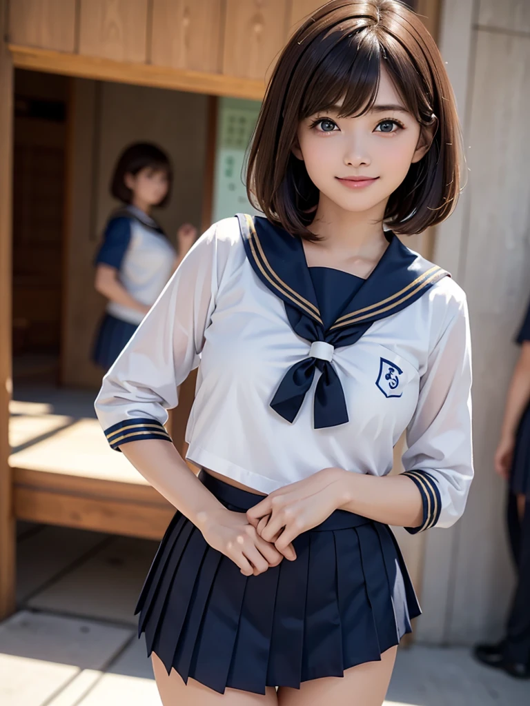 8k, Best Quality, The real picture, Intricate details, Very detailed, Ultra-high resolution, Depth Field, (Realistic,Realistic:1.2), Tabletop, Full Body Shot, (((1 girl))), eye_Chan, so beautiful, innocent big eyes, Beautiful breasts:1.5, 非常に詳細なeye:1.2), (Beautiful breasts:1.1), ((Brown Hair)), (Short Bob Hair), (Asymmetrical bangs), Perfect Skin, Fair skin, Small breasts, Tight waist, Alone, Staring at the audience, (smile), (((Sailor suits worn by Japanese high school girls)), (Navy blue pleated mini skirt), (Standing in the crowds of Tokyo)