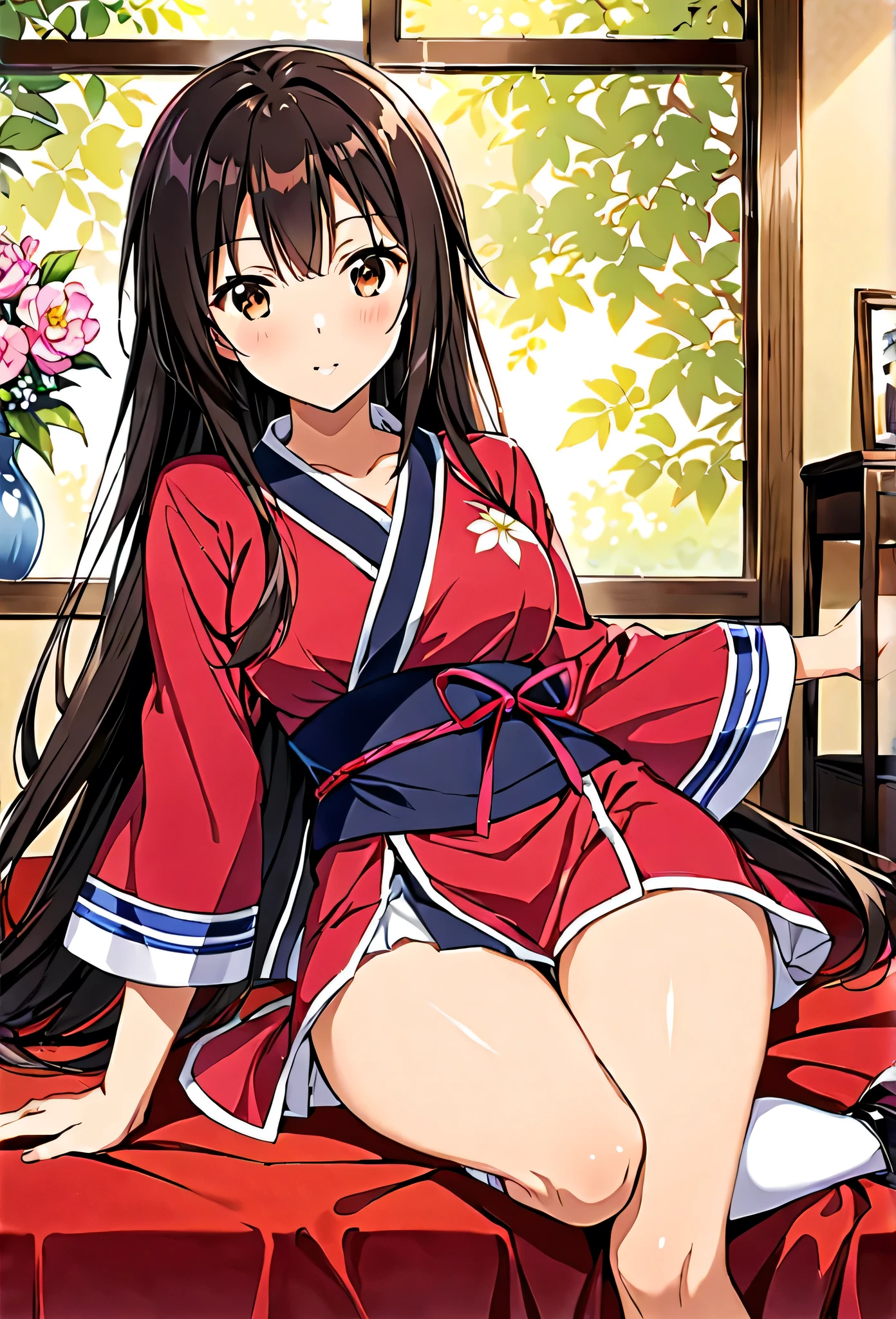 1 girl in a japanese shrine, long black hair, purple eyes, hime haircut, headband, miko shrine maiden outfit, lying on the futon in Japanese style bed room, beautiful detailed eyes, light smile, blush, full body, spread legs, no panties, grab buttocks by both hands, show off uncensored closed anus, (uncensored wareme), wearing white ankle miko socks, nsfw, anime screencap, score_9, score_8_up, score_7_up, score_6_up