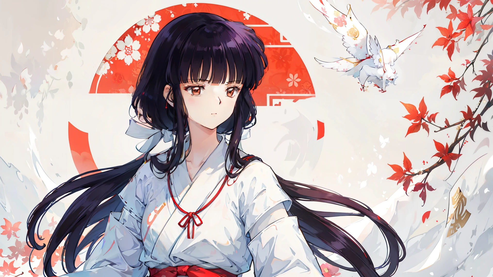 Design illustration of a beautiful young woman wearing traditional Japanese costume, The white and red kimono features intricate floral patterns and gold accents..The character has a calm expression, The background should incorporate intricate golden floral designs for a luxurious look.。