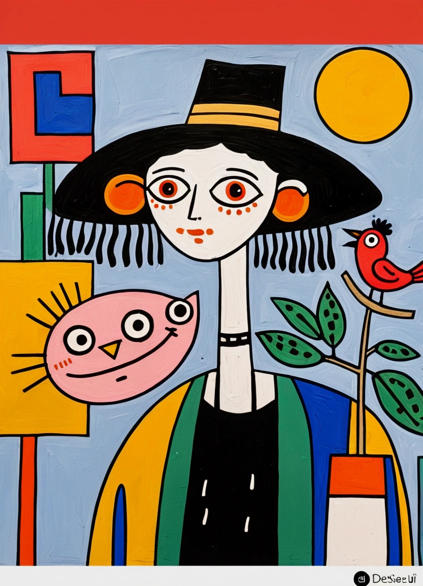 in the style of Thierry Noir（artist）， a painting with a funny looking cat with a hat holding a red bird , in the style of de stijl, playful cartoons, monumental figures, vivid birdlife, maquette, fine lines, childlike innocence
