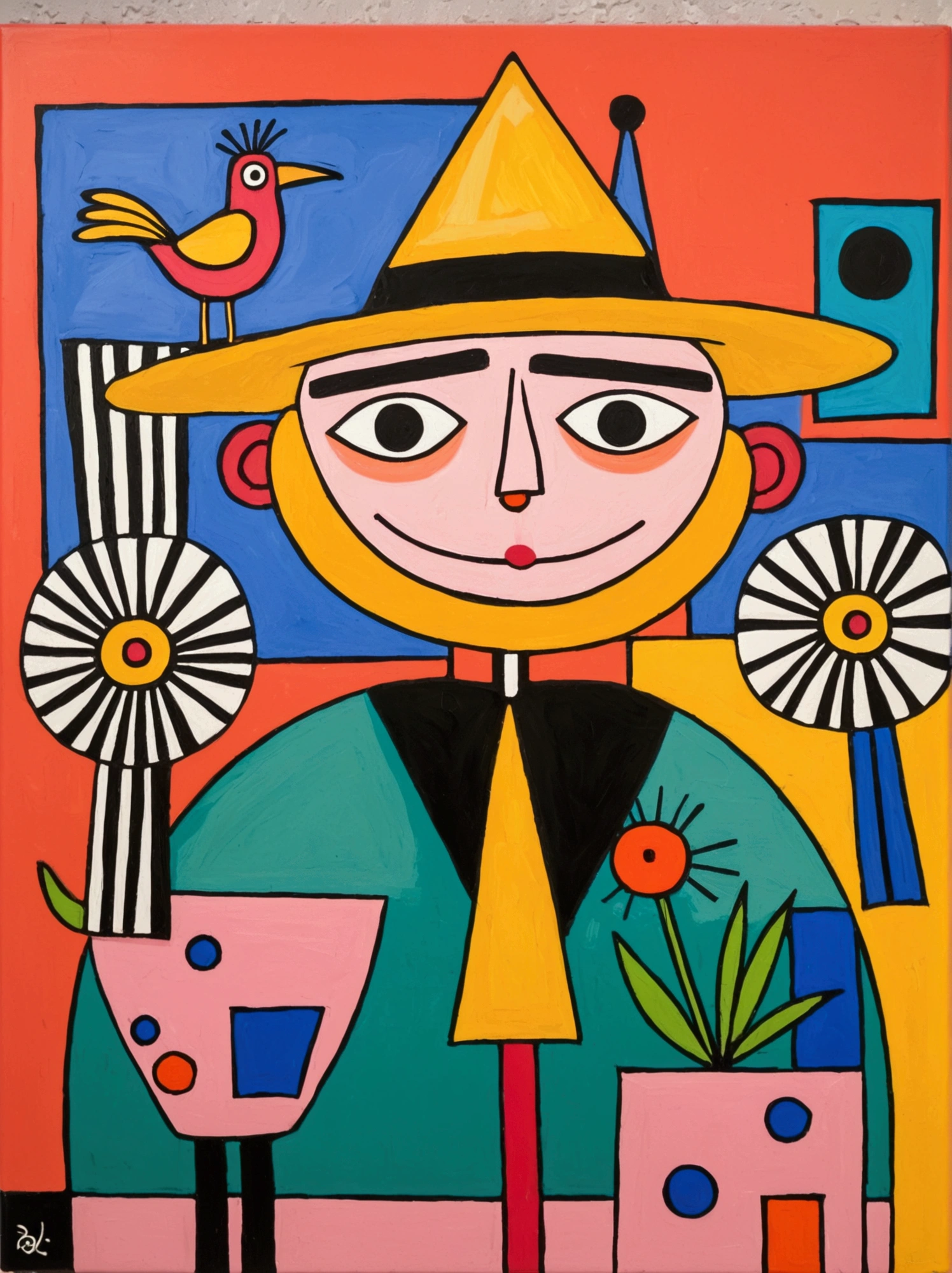 in the style of Thierry Noir（artist）， a painting with a funny looking cat with a hat holding a red bird , in the style of de stijl, playful cartoons, monumental figures, vivid birdlife, maquette, fine lines, childlike innocence
