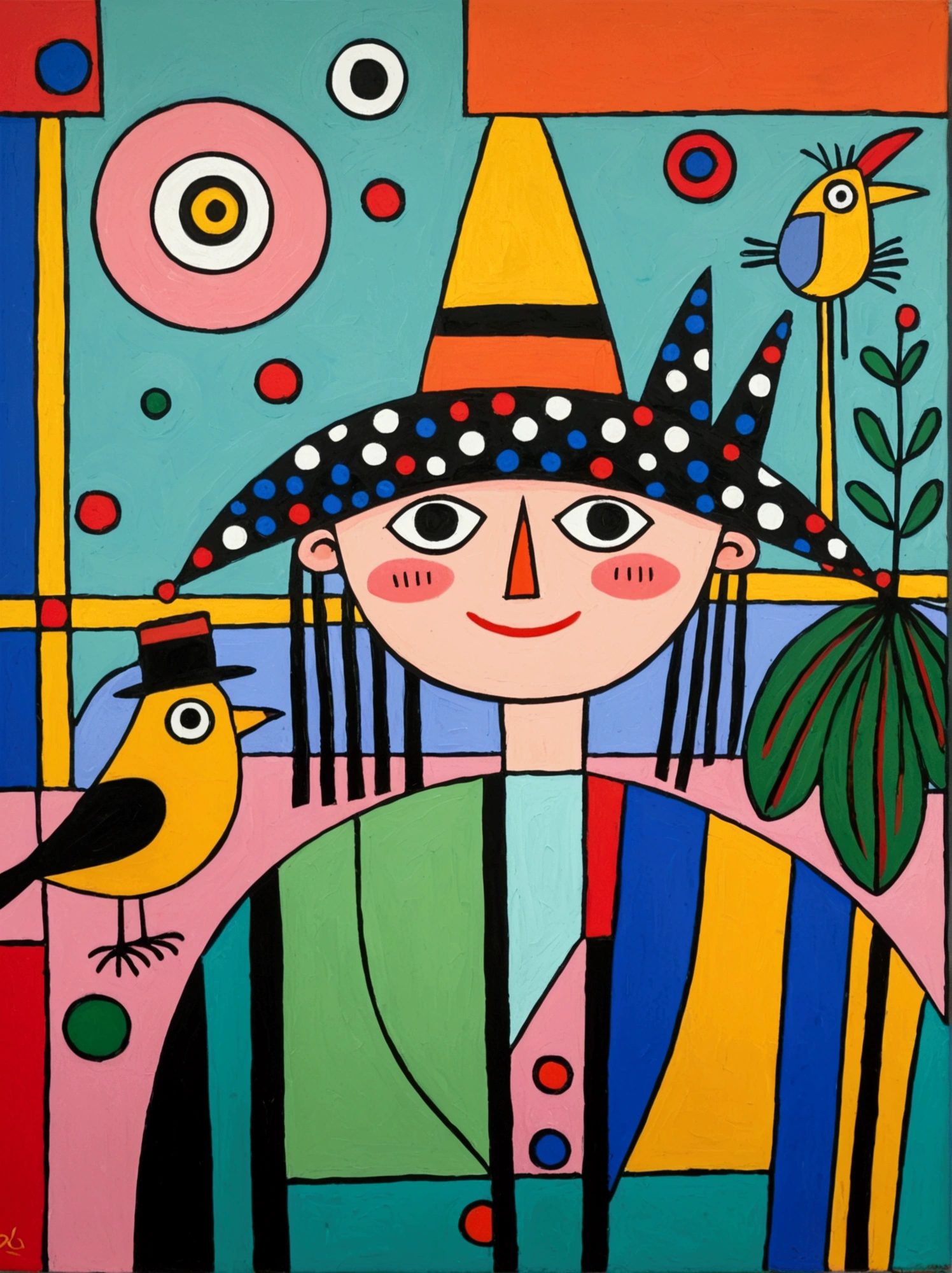 in the style of Thierry Noir（artist）， a painting with a funny looking cat with a hat holding a red bird , in the style of de stijl, playful cartoons, monumental figures, vivid birdlife, maquette, fine lines, childlike innocence
