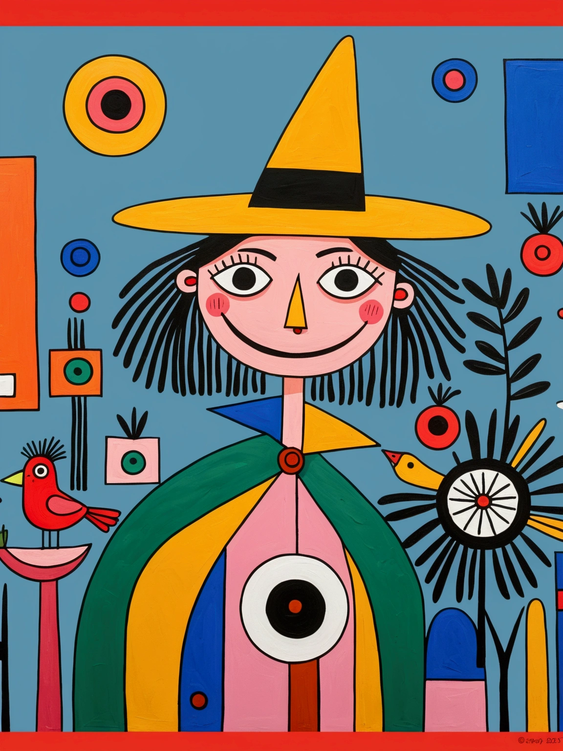 in the style of Thierry Noir（artist）， a painting with a funny looking cat with a hat holding a red bird , in the style of de stijl, playful cartoons, monumental figures, vivid birdlife, maquette, fine lines, childlike innocence
