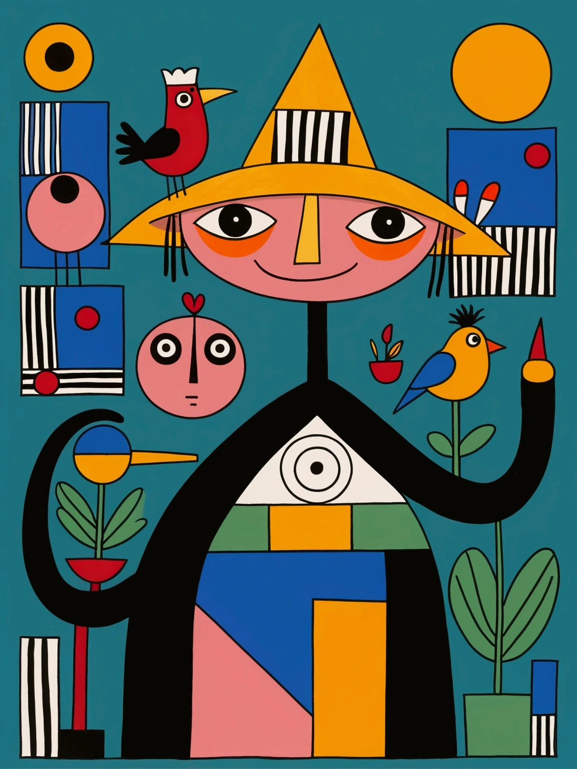 in the style of Thierry Noir（artist）， a painting with a funny looking cat with a hat holding a red bird , in the style of de stijl, playful cartoons, monumental figures, vivid birdlife, maquette, fine lines, childlike innocence
