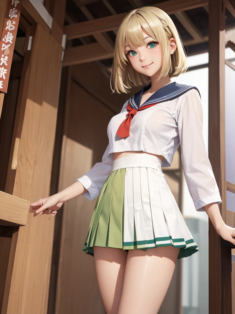 8k, Best Quality, The real picture, Intricate details, Very detailed, Ultra-high resolution, Depth Field, (Realistic,Realistic:1.2), Tabletop, Full Body Shot, (((1 girl))), eye_Chan, so beautiful, innocent big eyes, Beautiful breasts:1.5, 非常に詳細なeye:1.2), (Beautiful breasts:1.1), ((Blonde)), (Medium Bob Hair), (Asymmetrical bangs), Perfect Skin, Fair skin, Small breasts, Tight waist, Alone, Staring at the audience, (smile), (((Sailor suits worn by Japanese high school girls)), (Light green pleated mini skirt), (Standing in the crowds of Tokyo)