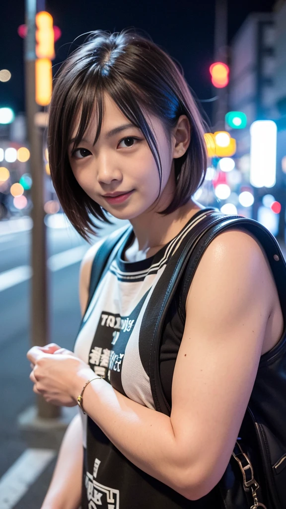 1 girl, Tokyo Street,night, Streetscape,City lights,Upper Body,close,smile,, (8k, RAW Photos, Highest quality, masterpiece:1.2),(Realistic, photo-Realistic:1.37),