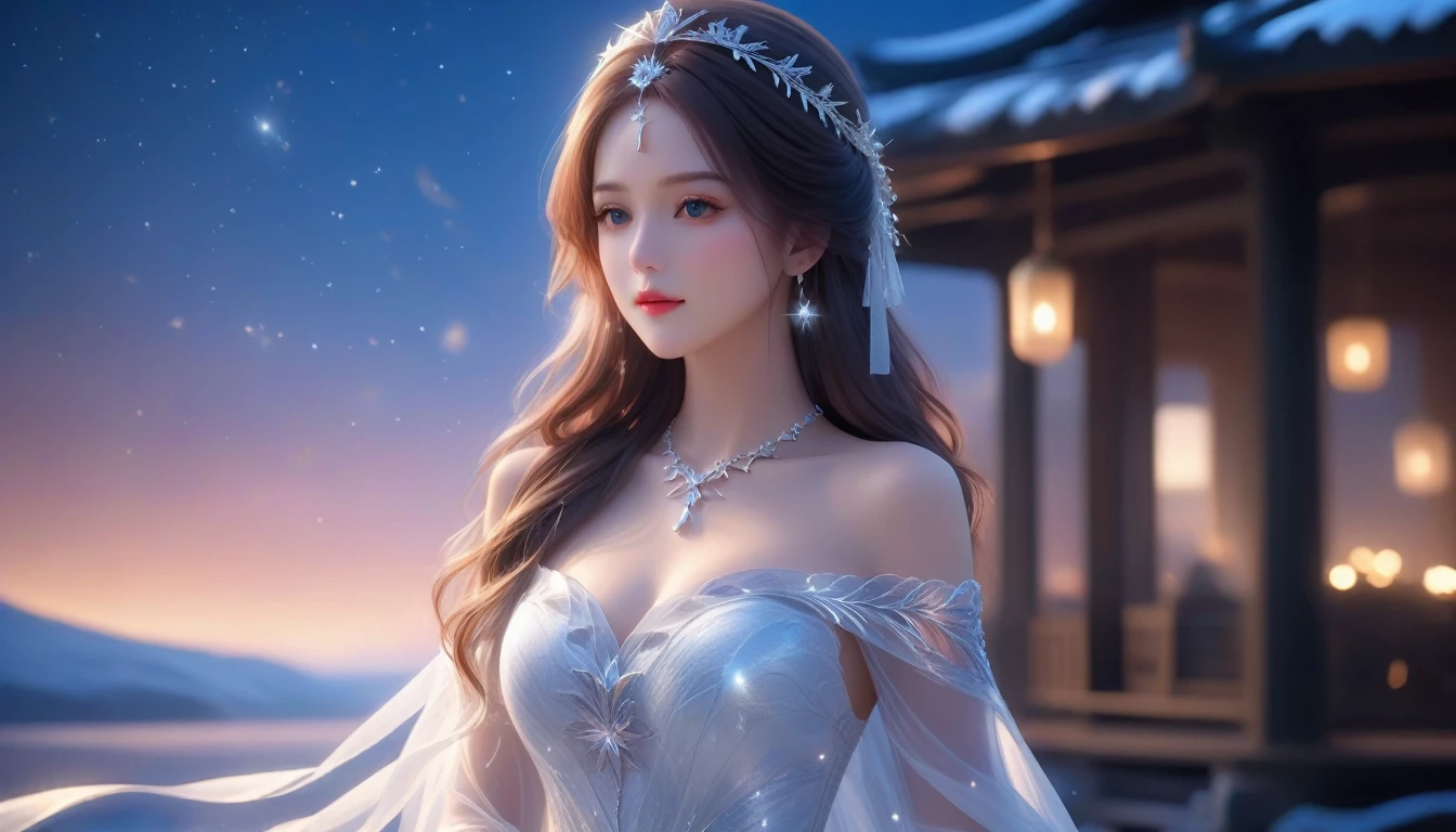 A Masterpiece In 32K Resolution, Supreme Quality, Super Detail, Official Art, Very High-Resolution 32K Wallpaper, Beautiful And Aesthetic, Ultra-Detailed Features, Awe Inspiring Detail, Dutch Angle, Semi-Realistic, Winter Scenery. (One Girl, Alone) (White And Beautiful Hair: 1.4, Straight Long Hair) (She Is Draped In Revealing, Sensual Fabric), (Off The Shoulder, Highlight Her Ample Breasts, Ruby Necklace) (Beautiful Cleavage) (Beautiful Starry Sky, Mystical Night, Particles Of Light Float Around The Woman). The Composition Of Her Mystical Beauty Is Breathtaking, With The Surrounding Water Adding Depth And Atmosphere, Enhanced By The Soft, Radiant Lighting That Highlights Every Detail. Her Perfectly Sculpted Face Reflects The Calm Waters, Capturing Her Timeless Elegance In This Ultra-Realistic, Awe-Inspiring Scene.