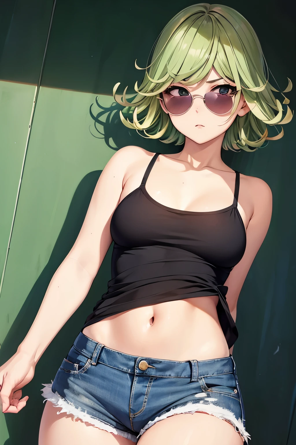 ((small breasts, tomboy girls, small head)), daylight, sunlight, (chiseled abs: 0.7), (perfect body: 1.1), (short wavy hair: 1.2), green hair, collar, chain, full body shot, crowded street, in black tank top, denim jacket, ((shorts)), (extremely detailed CG 8k wallpaper), (extremely delicate and beautiful), (masterpiece), (best quality: 1.0), (ultra-high resolution: 1.0), beautiful lighting, perfect lighting, realistic shadows,  [High Resolution], Detailed Skin, Super Detail