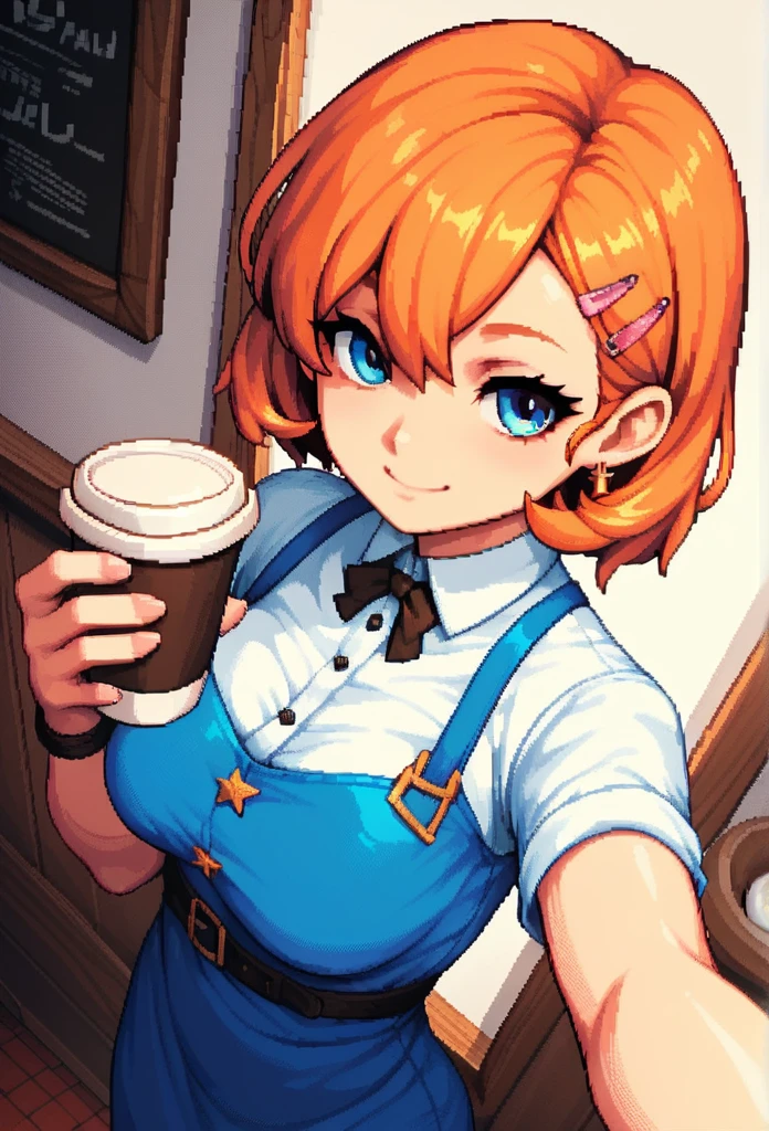 score_9, score_8_up, score_7_up, score_6_up, score_5_up, score_4_up, (SFW), pixel art, cowboy shot, (selfie), 1girl, smiley, orange hair, hair clips, short hair, blue long dress, standing at cafe, leaning on the wall, holding a coffee cup, ((white wall)), simple background