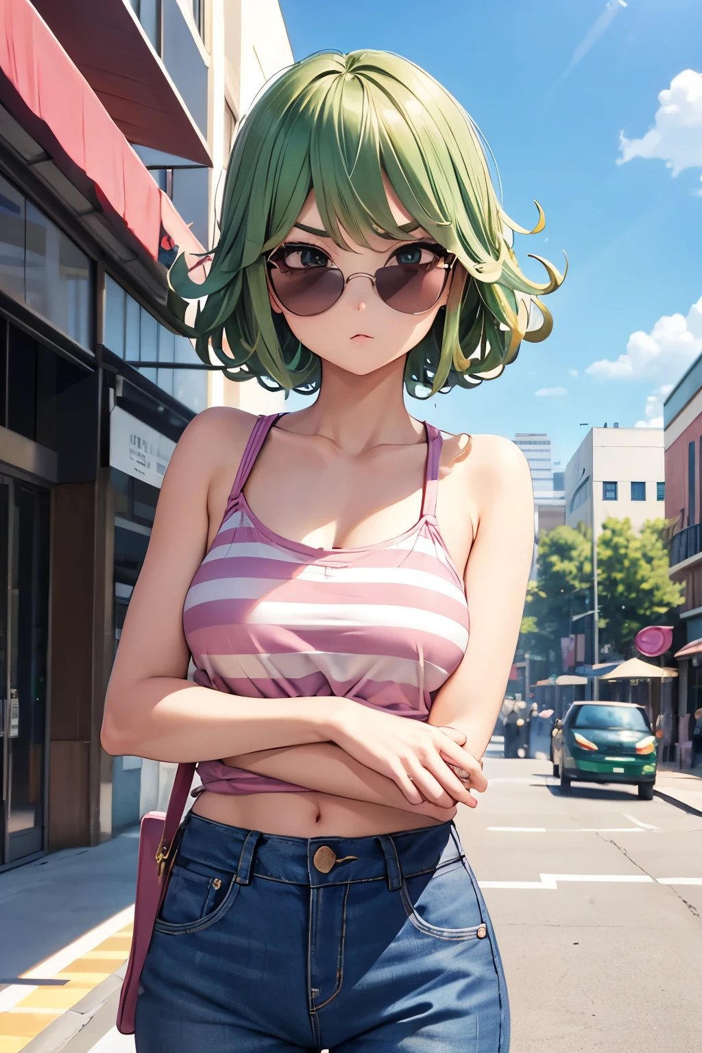 a beautiful anime girl with striking green eyes and short green hair, wearing a cute and colorful kids outfit, a detailed and accurate portrait of the character tatsumaki from one punch man, (best quality,4k,8k,highres,masterpiece:1.2),ultra-detailed,(realistic,photorealistic,photo-realistic:1.37),extremely detailed facial features, beautiful eyes, perfect skin, intricate hair, cute outfit, dynamic pose, outdoor background, sunlight lighting, vibrant colors, highly detailed, anime style, digital painting