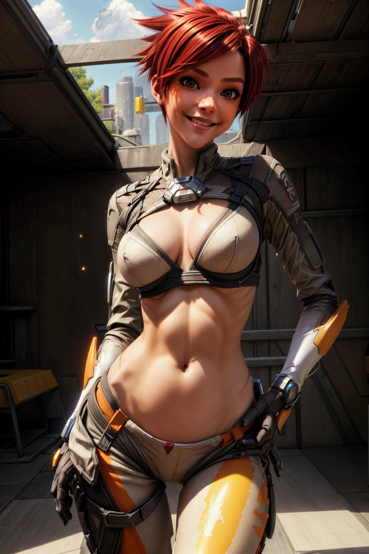 Girl, TracerOver, multicolored red hair, sexy pose, narrow thin waist, hips, legs, masterpiece, realistic skin, beautiful shape, smile, tracers cloth, tracers top