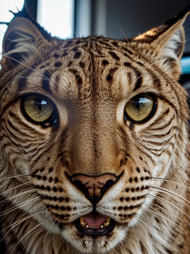 A big lynx in a close-up portrait, driving a large truck