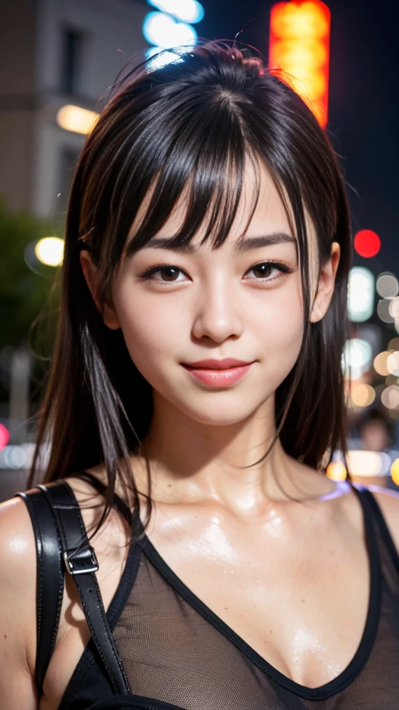 1 Girl, Tokyo Street,night, Streetscape,City lights,Upper Body,close,smile,, (8K, Raw photo, highest quality, masterpiece:1.2),(Realistic, photo-Realistic:1.37),