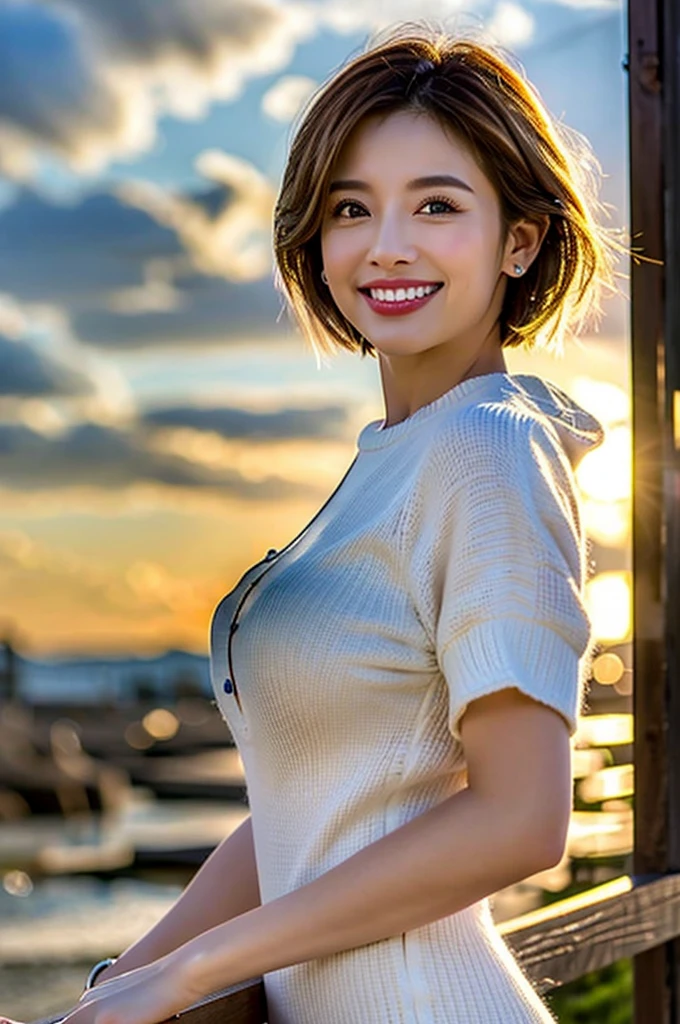Half-length glamour portrait, nikon D850, f1.6 lens, 200mm, DSLR, 22 Megapixels, (((Wildflower field at sunset scene))), shot of a stunning 19 years old korean girl, (smile:1.4), (wearing midnight blue Leather jacket with Dark coral knit sweater dress:1.6), ((seductive pose)), hot girl, (((big natural breasts))), (((black fringe hair))), (small girl), symmetrical face, photorealistic, photography, (bright natural lighting), gorgeous, deep cleavage, (masterpiece), best quality, high resolution, extremely detailed, cinematic lighting, (((very narrow waist))), rich colors, hyper realistic, lifelike texture, ((jewelry)), (((She has beautiful hands and wears rings))), (bracelet), (necklace), (ankle chain), (nail polish) (earrings), Fuji Superia 200, 8k
